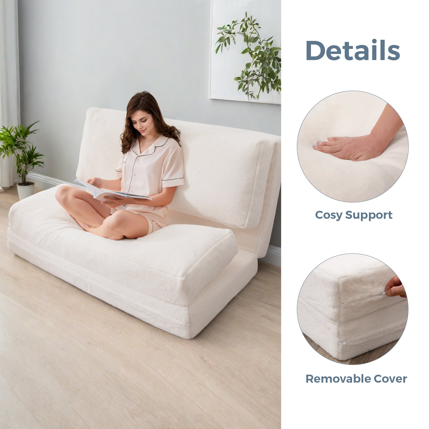 MAXYOYO Bean Bag Folding Sofa Bed - Extra Thick Floor Mattress with Washable Faux Fur Cover | Perfect for Living Room, Bedroom, Dorm & Game Room Lounging