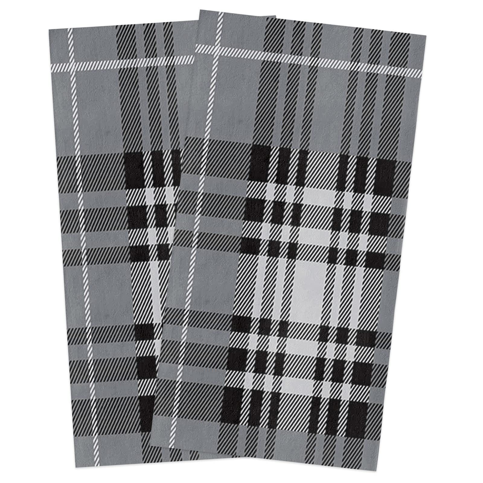 Premium Microfiber Kitchen Dish Towels Set of 2 - Super Absorbent & Quick-Drying - 18x28 Inch Grey Black Plaid Design for Kitchen, Bathroom & Dining Use - Ideal for Dishes, Hands, Countertops & Household Cleaning