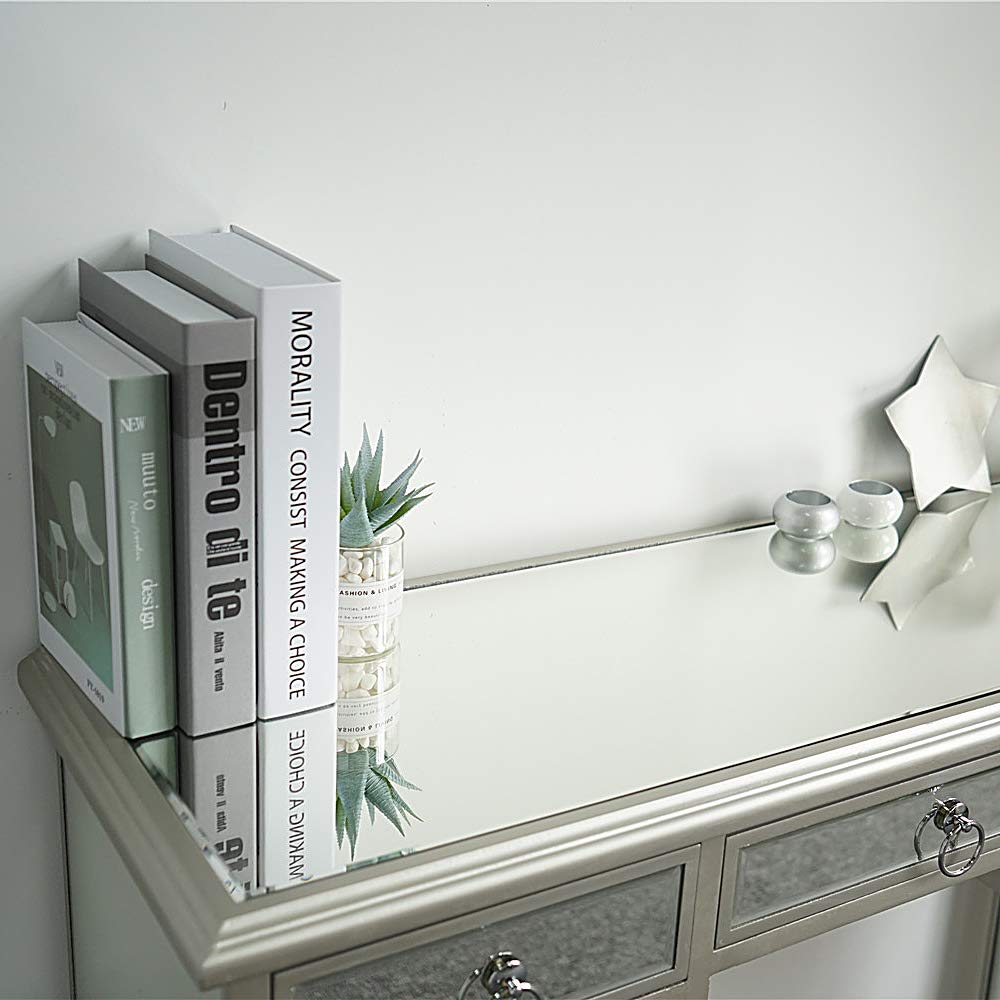 5-Drawer Mirrored Console Table with Antique Silver Finish - Elegant Entryway Sofa Table with Mirror Top for Hallway, Living Room & Bedroom Decor