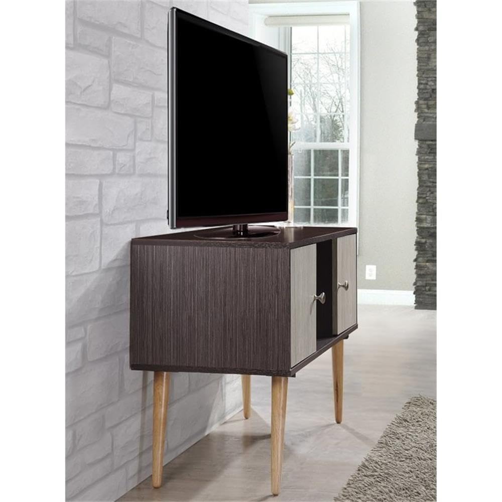 Hodedah Retro Style TV Stand with 2 Storage Doors & Solid Wood Legs - Chocolate Finish for Living Room, Bedroom, or Home Theater Setup