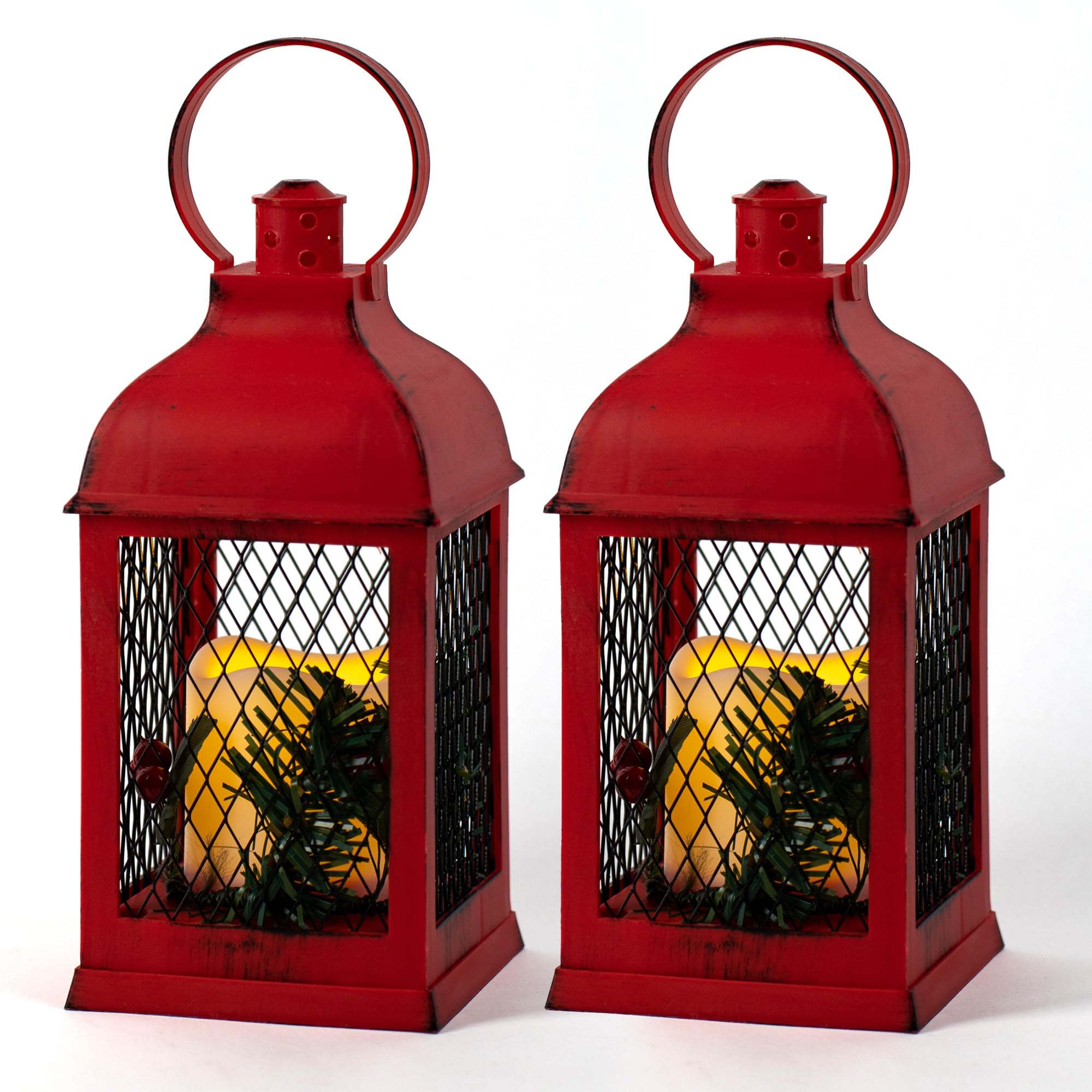 Vintage LED Candle Lantern with Timer - Distressed Pine & Holly Berry Design - Indoor/Outdoor Hanging Christmas Decor for Home, Garden, and Holiday Parties