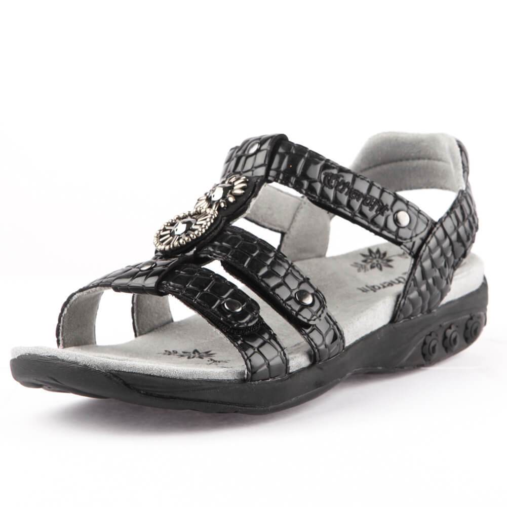 Charlotte Women's Embossed Leather Jeweled Adjustable Sandals - Stylish Comfort for Summer, Beach, and Casual Outings