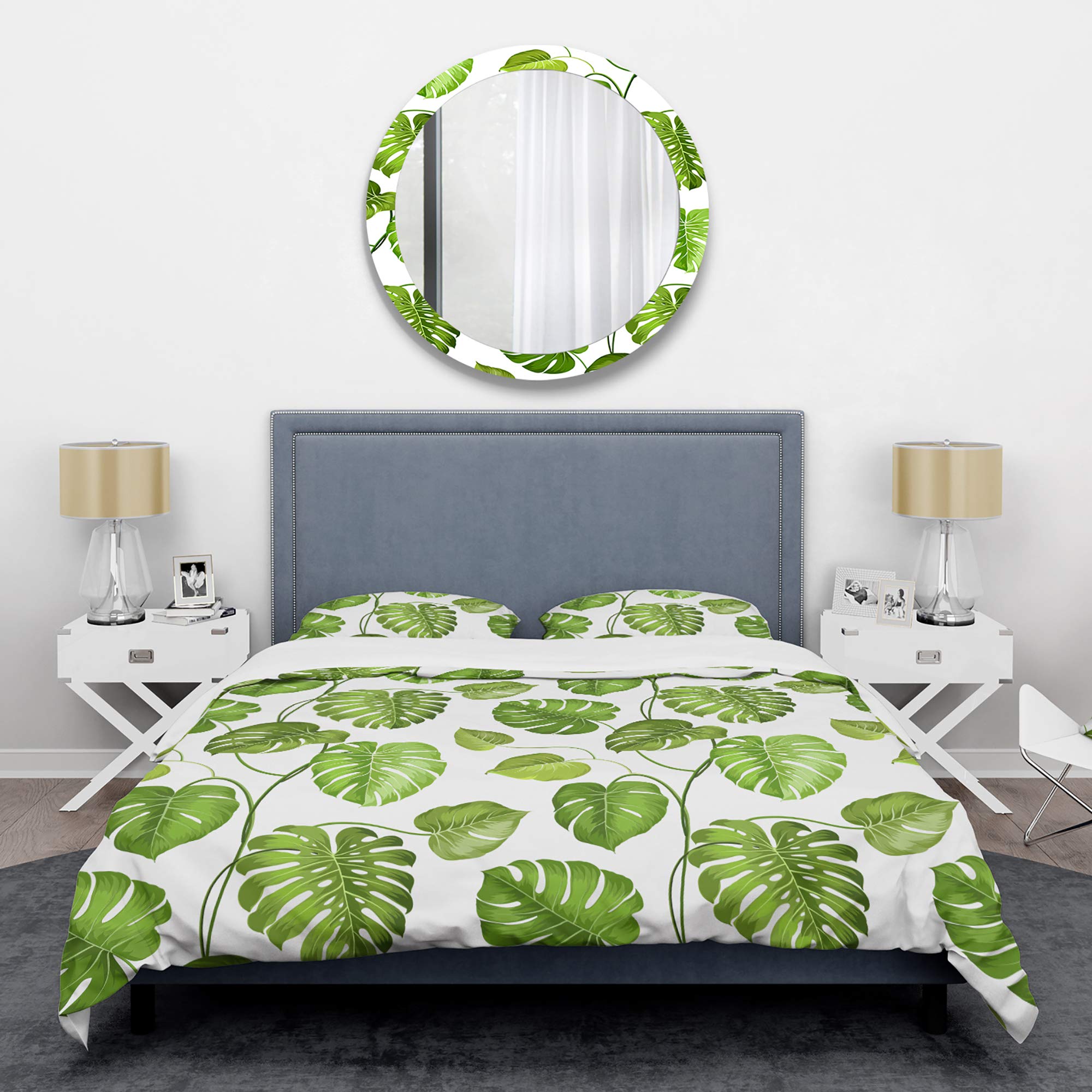 Tropical Palm Leaves Mid-Century Modern Duvet Cover Set - Queen Size 3-Piece Bedding in Green | All Season Luxury Bed Sheets for Master Bedroom & Guest Room Decor