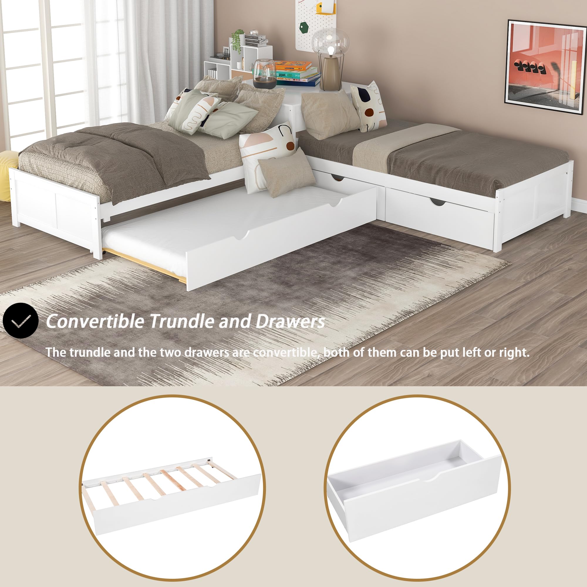 Merax Twin Size L-Shaped Storage Daybed with Trundle - Convertible Platform Bed with 2 Drawers & Built-in Desk - No Box Spring Needed - Perfect for Small Spaces, Living Room, Bedroom or Guest Room (White)