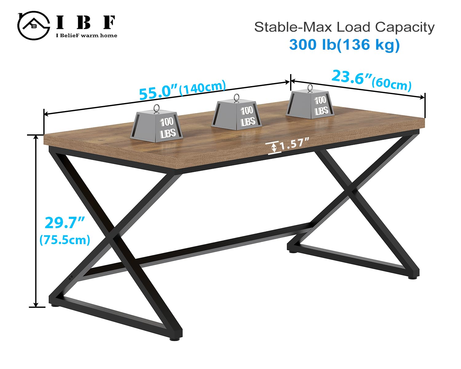 IBF Rustic Computer Desk - Modern Metal Farmhouse Home Office Desk, Minimalist Wood Laptop Executive Workstation, 55 Inch Rustic Oak Gaming Table for Bedroom, Study, or Small Space Office