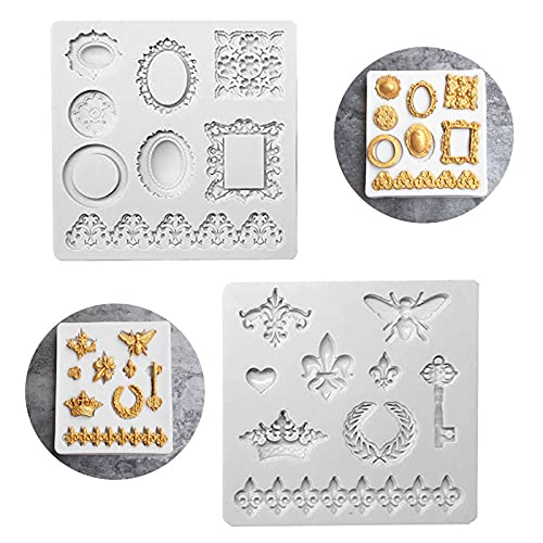 2Pcs Bee Crown Key Mirror Heart Lace Photo Frame Silicone Molds - Fondant, Chocolate, Candy, Soap, Resin Craft Molds for DIY Desserts, Cupcake Toppers, Ice Cubes & Birthday Party Decorations - Perfect for Baking, Cake Decorating and Handmade Crafts