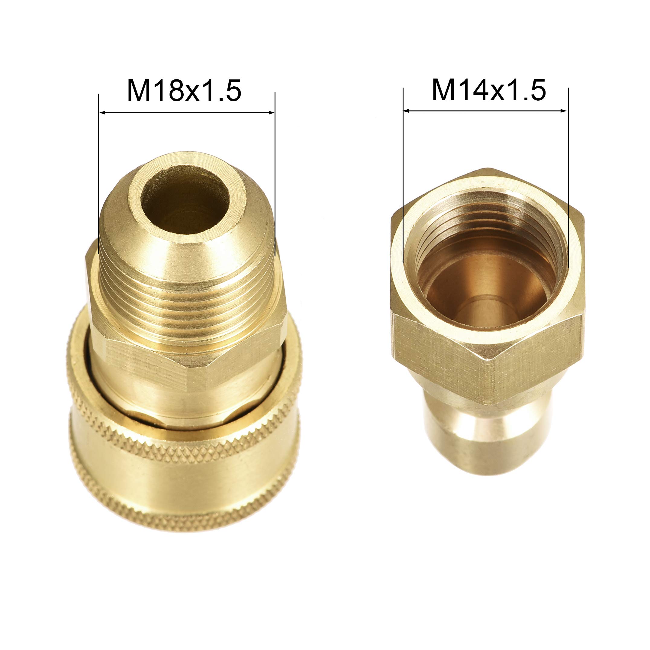 uxcell Brass Garden Hose Quick Connectors Set - M18x1.5 Male & M14x1.5 Female Thread Fittings - Heavy Duty Water Hose Adapters for Pressure Washer, Outdoor Faucet, and Irrigation Systems