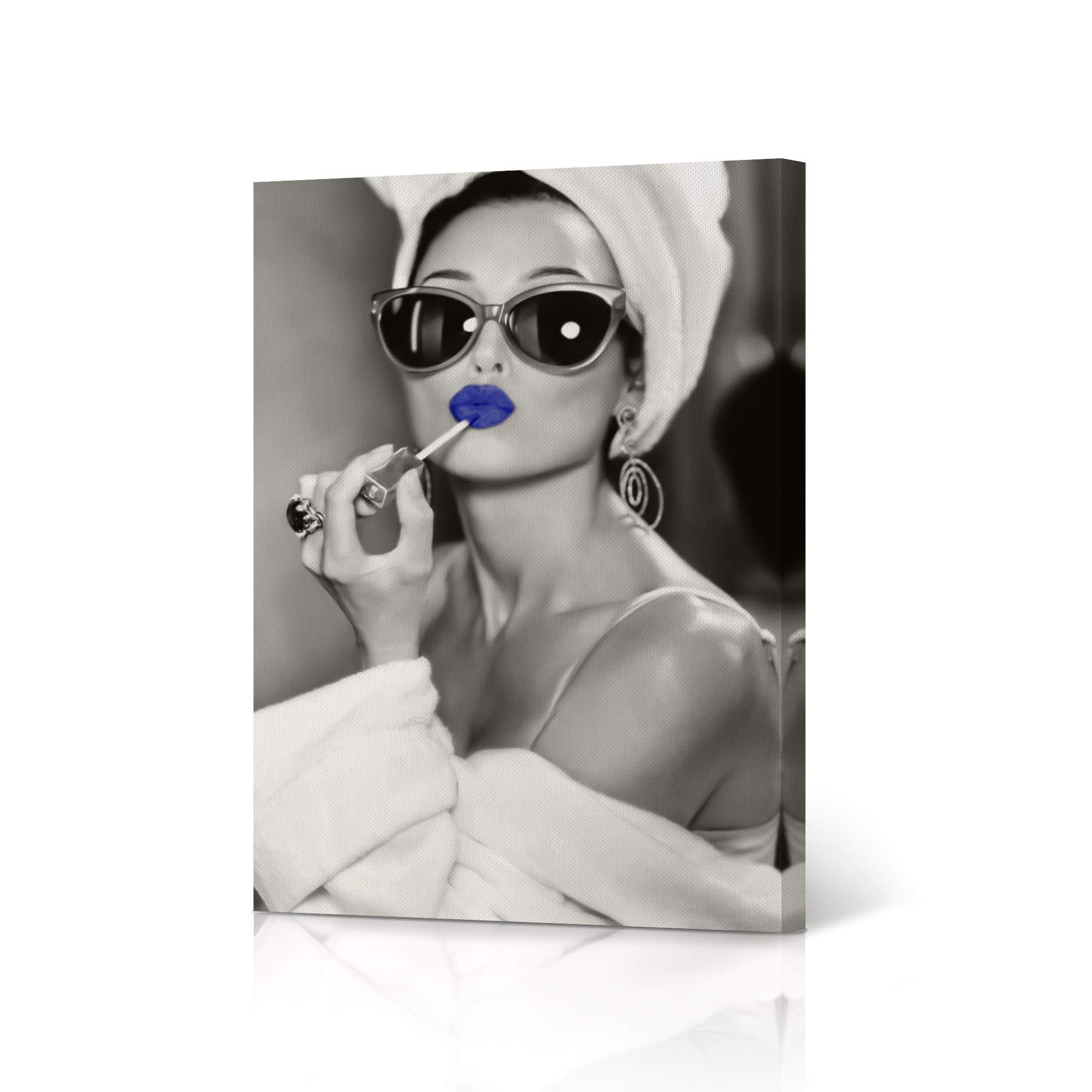 Audrey Hepburn Style Blue Lips Canvas Print - Pop Art Wall Decor for Bedroom, Vanity & Makeup Room | 36x24 Inch Fashion Artwork, Unique Gift for Women