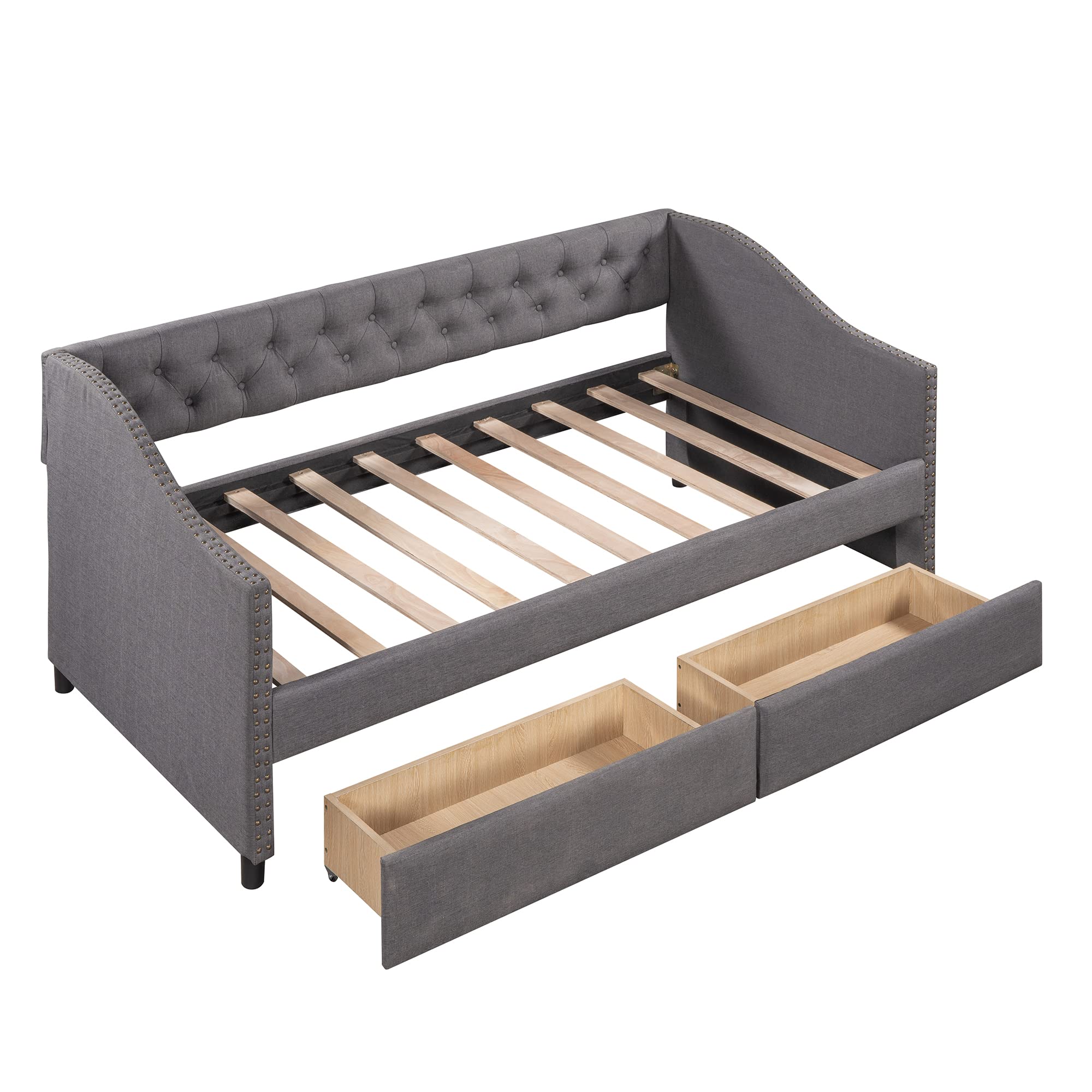 Harper & Bright Designs Twin Daybed with Storage Drawers - Upholstered Sofa Bed with Wood Slat Support & Armrests, No Box Spring Needed - Perfect for Guest Room, Kids Room or Small Space (Twin Size, Gray)