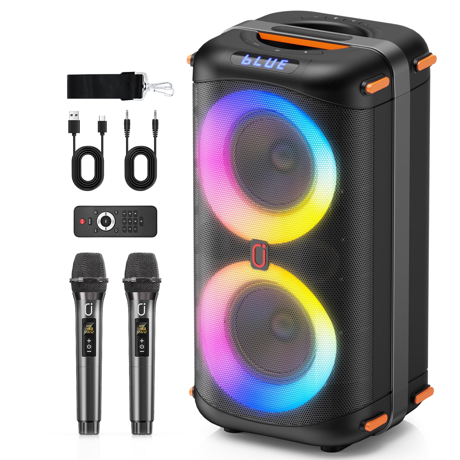 Portable Bluetooth Karaoke Machine with 2 Wireless Microphones | Professional PA System with Disco Lights & Dual 6.5