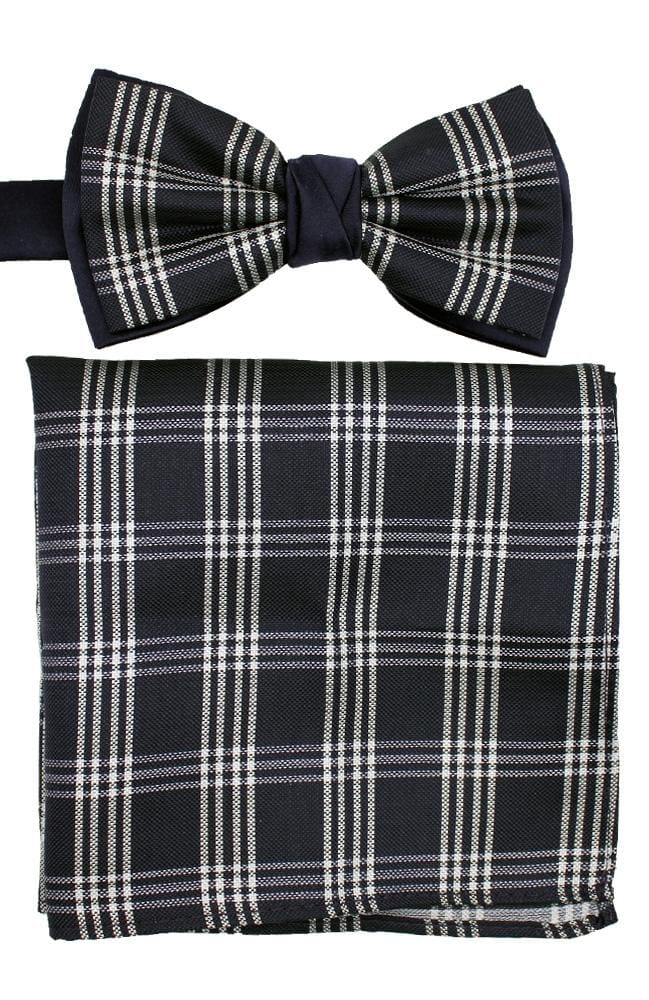 L.A. Smith Polyester Navy Check Bow Tie and Pocket Square Set - Perfect for Weddings, Prom & Formal Events