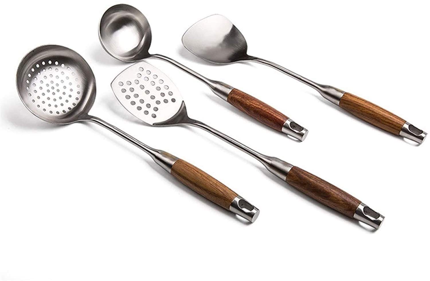 Premium 4-Piece Stainless Steel Kitchen Utensil Set with Wooden Handle - Serving Spoons, Strainer & Colander for Cooking, Hot Pot & Food Serving | Durable Cooking Tools for Home Chefs & Professional Kitchens