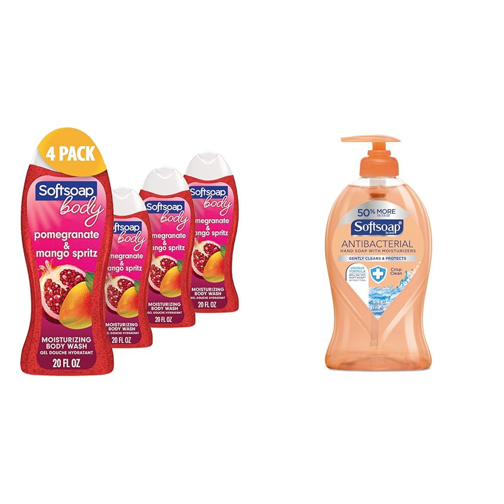 Softsoap Pomegranate & Mango Body Wash 20oz (4-Pack) & Antibacterial Liquid Hand Soap Crisp Clean 11.25oz (6-Pack) - Refreshing Shower Gel & Moisturizing Hand Wash for Bathroom, Kitchen & Daily Hygiene
