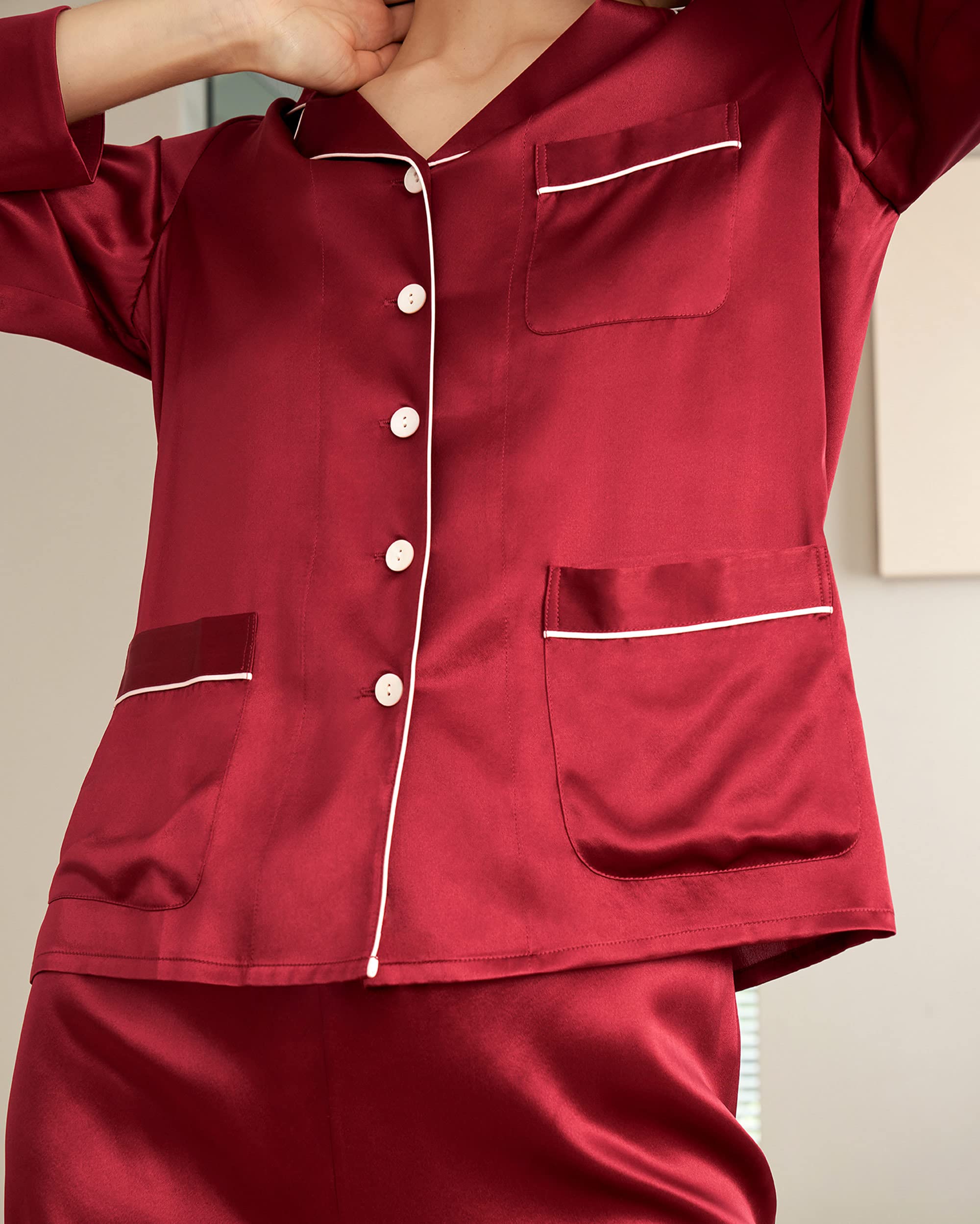 LilySilk Women's Long Silk Pajama Set - V-Neck Notched Collar with White Trim - Luxurious Sleepwear for Comfortable Nights & Relaxing Evenings at Home