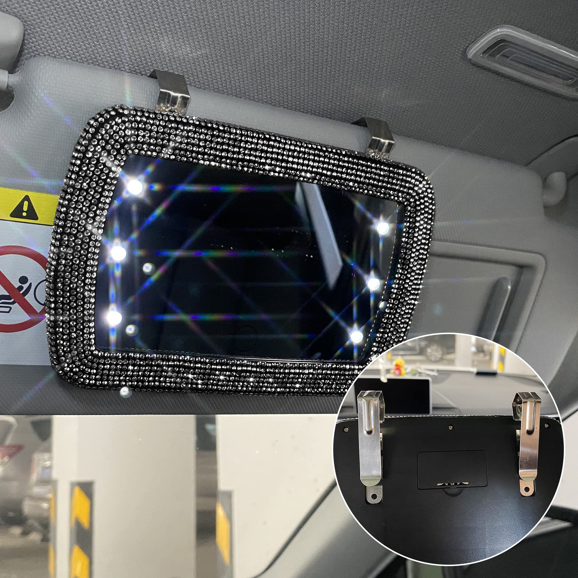 Pomelo Litchi Pitaya Car Visor Vanity Mirror with LED Lights - Bling Diamond Makeup Mirror, Touch Screen Sun Visor with Built-in Battery, Perfect Gift for Women, Black - Ideal for Driving, Travel & Touch-Ups