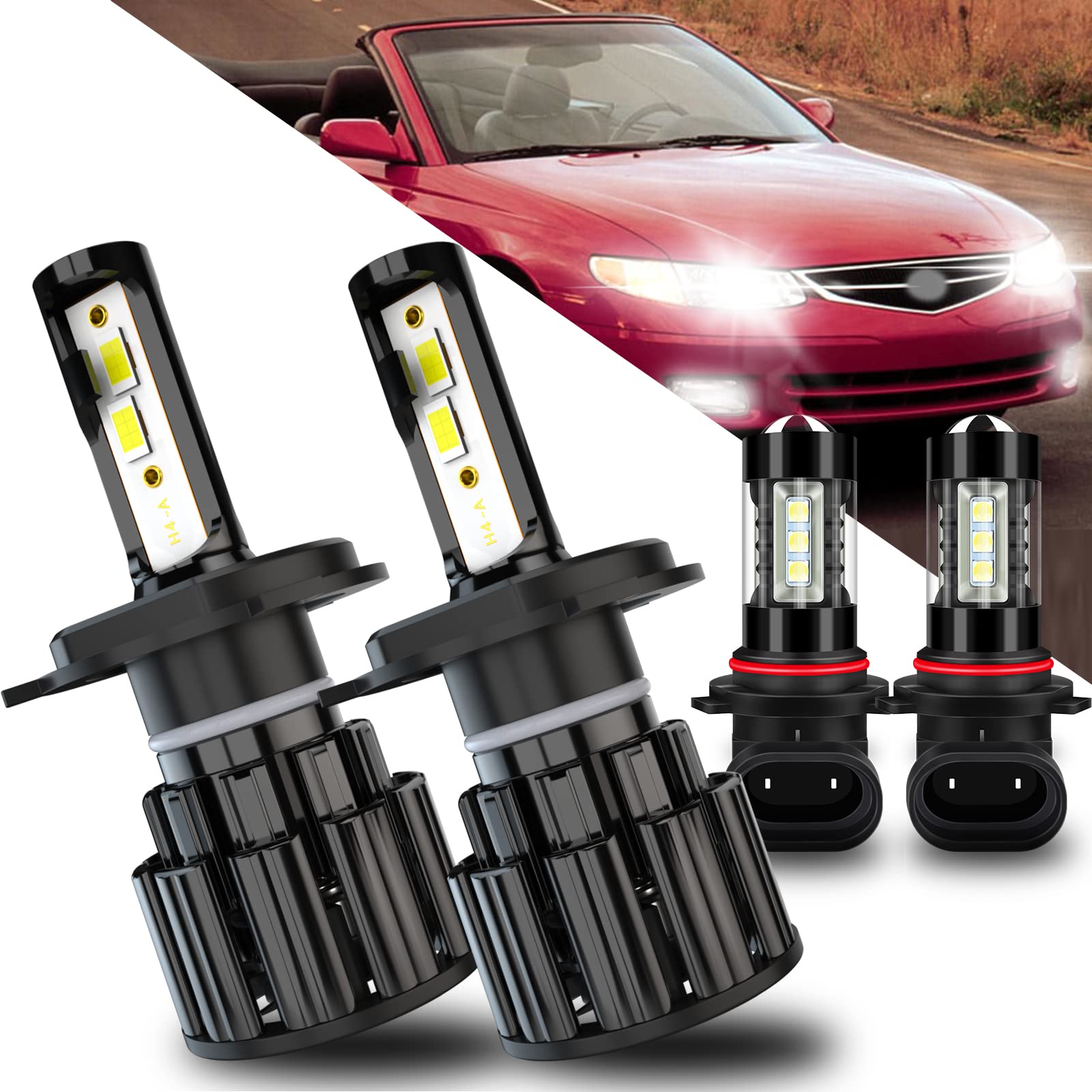 Super Bright 60W 10000LM 6000K White LED Headlight Bulbs Kit - H4 9006 High Low Beam & Fog Light Replacement for 1999-2001 Toyota Solara - IP67 Waterproof, Plug & Play, Quick Start (Pack of 4) - Perfect for Night Driving and Foggy Conditions