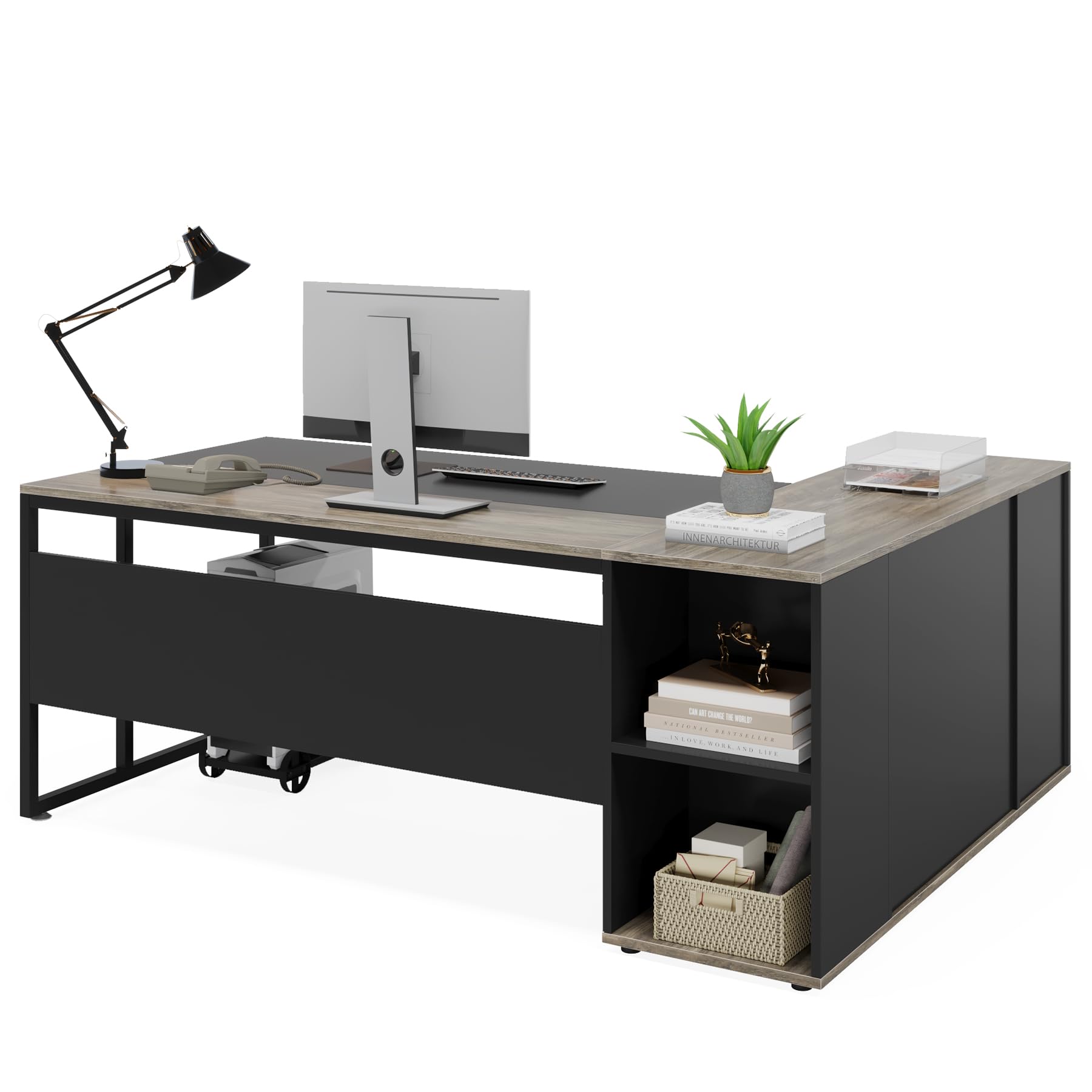 Tribesigns 71 Inch L-Shaped Executive Desk with Cabinet Storage & Shelves - Modern Home Office Workstation for Business & Remote Work (Gray) | Perfect for Small Spaces & Productivity Setup