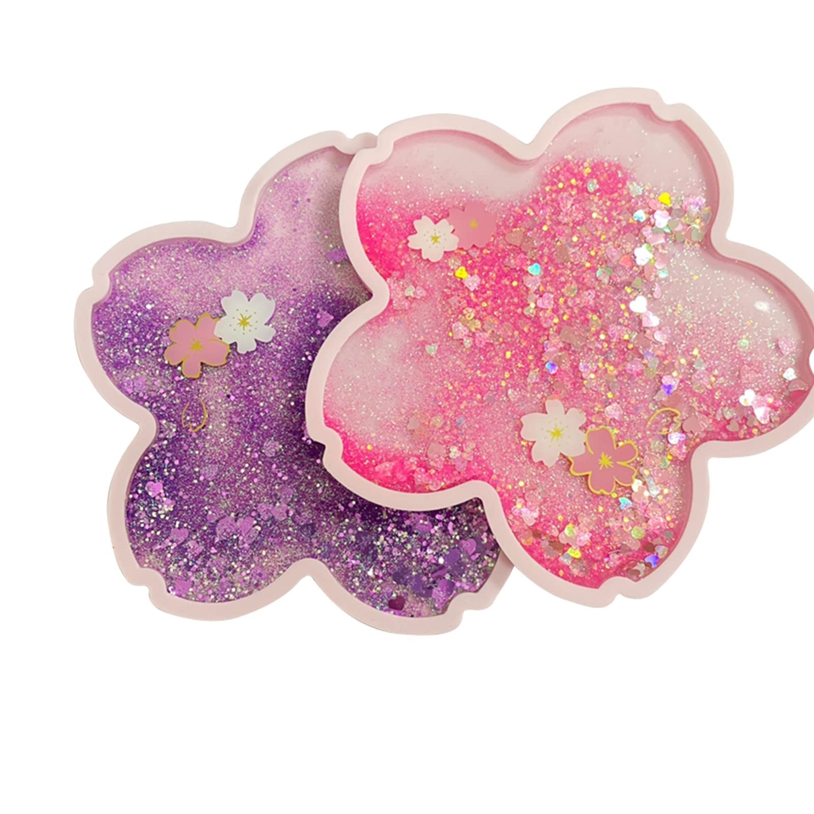 2 PCS Glitter Sakura Coasters - 5 Inch Cute Quicksand Glitter Drink Coasters, Non-Slip Insulated Coasters for Coffee, Tea & Beverages - Perfect for Coffee Tables, Restaurants, Hotels, Offices, Home & Coffee Shops (Purple, 2 Pack) - Great for Parties, Weddings & Home Decor