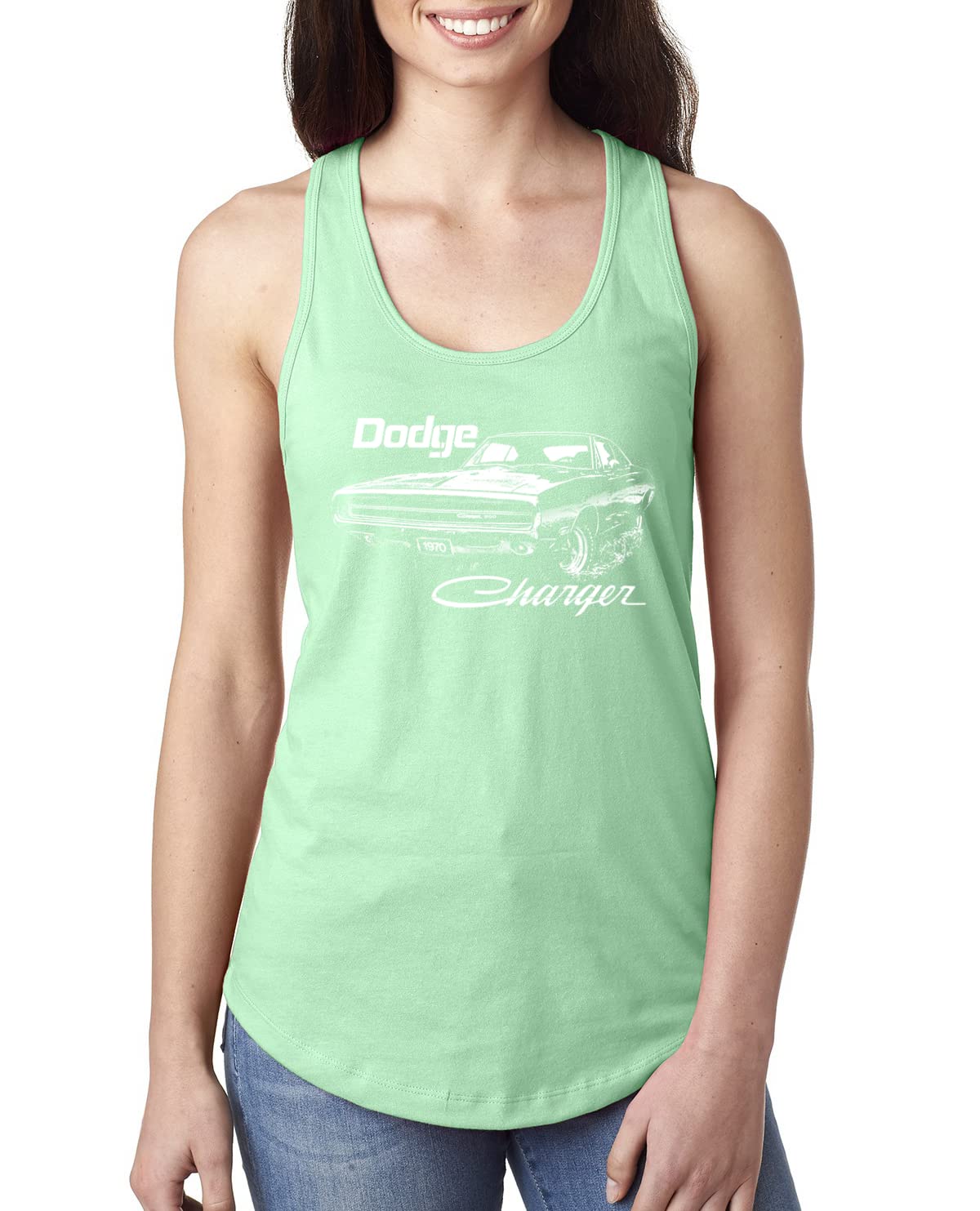 Vintage White 1970 Dodge Charger Racing Cars & Trucks Women's Racerback Tank Top - Perfect for Car Enthusiasts, Racing Events & Casual Wear