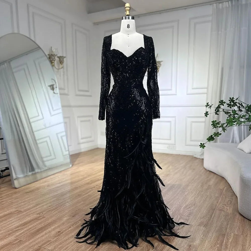 Serene Hill Royal Blue Mermaid Evening Gown with Sparkle Beads & Feathers - Elegant Formal Dress for Women's Parties, Prom, Gala & Special Occasions 2025