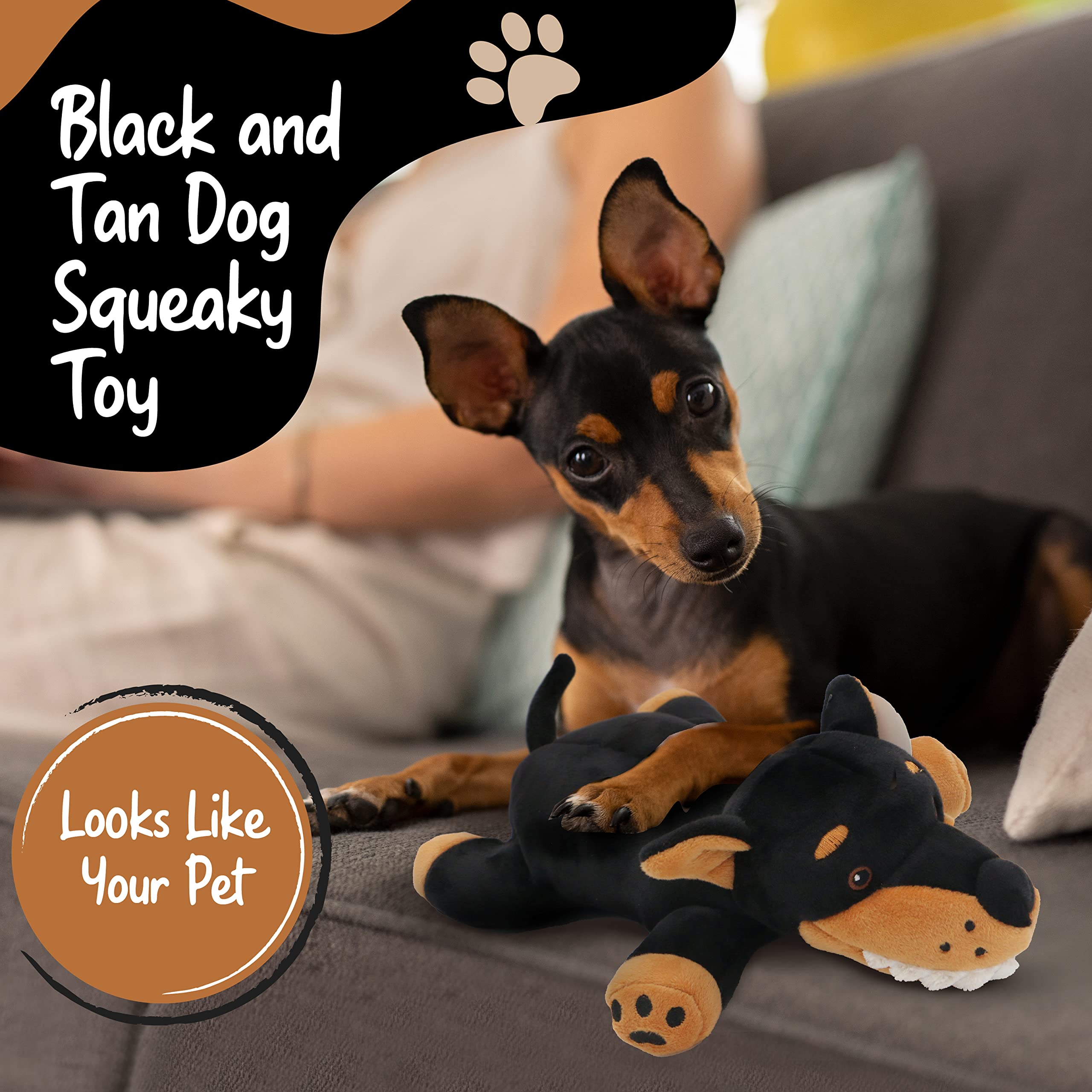 Doberman Stuffed Animal Dog Toy - Black and Tan Plush with Pointed Ears | Cute Interactive Puppy Chew Toy for Training, Cuddling & Playtime