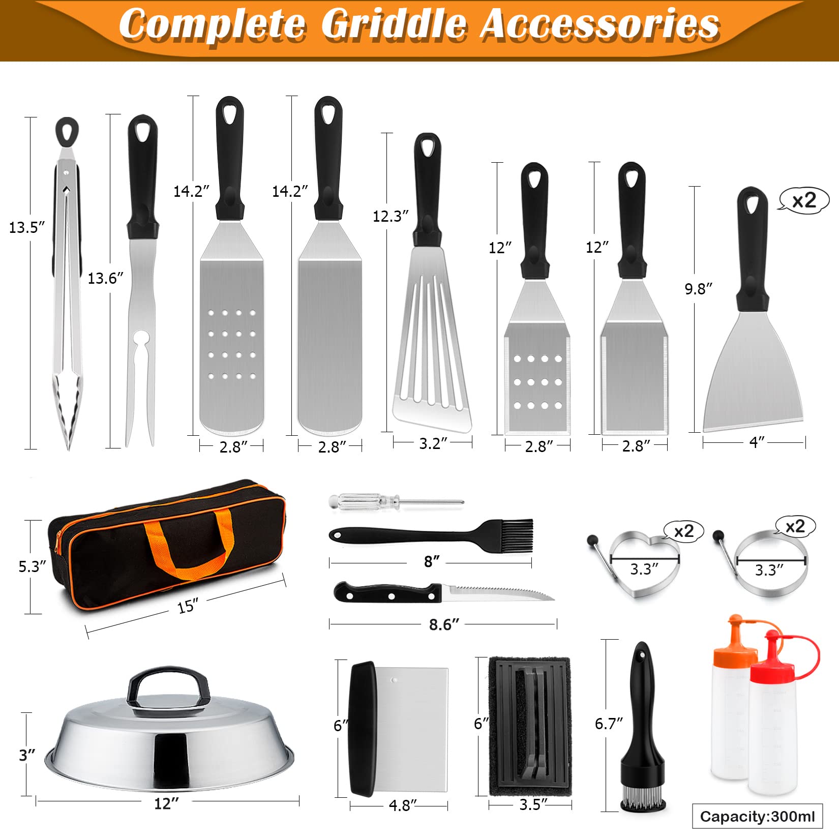 23Pcs Stainless Steel Griddle Accessories Kit - Joyfair Flat Top Grill Spatulas Set with Melting Dome, Scraper, Turners & Carrying Bag - Dishwasher Safe BBQ Tools for Outdoor Camping, Backyard Grilling & Tailgating Parties