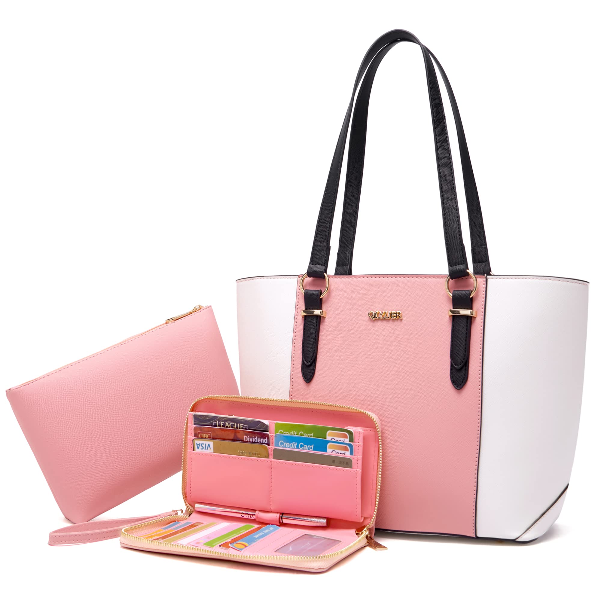 Qiyuer Women's Leather Handbag Set - Shoulder Bag, Tote & Matching Wallet (3pcs) - Stylish Work Purse for Office, Travel & Everyday Use