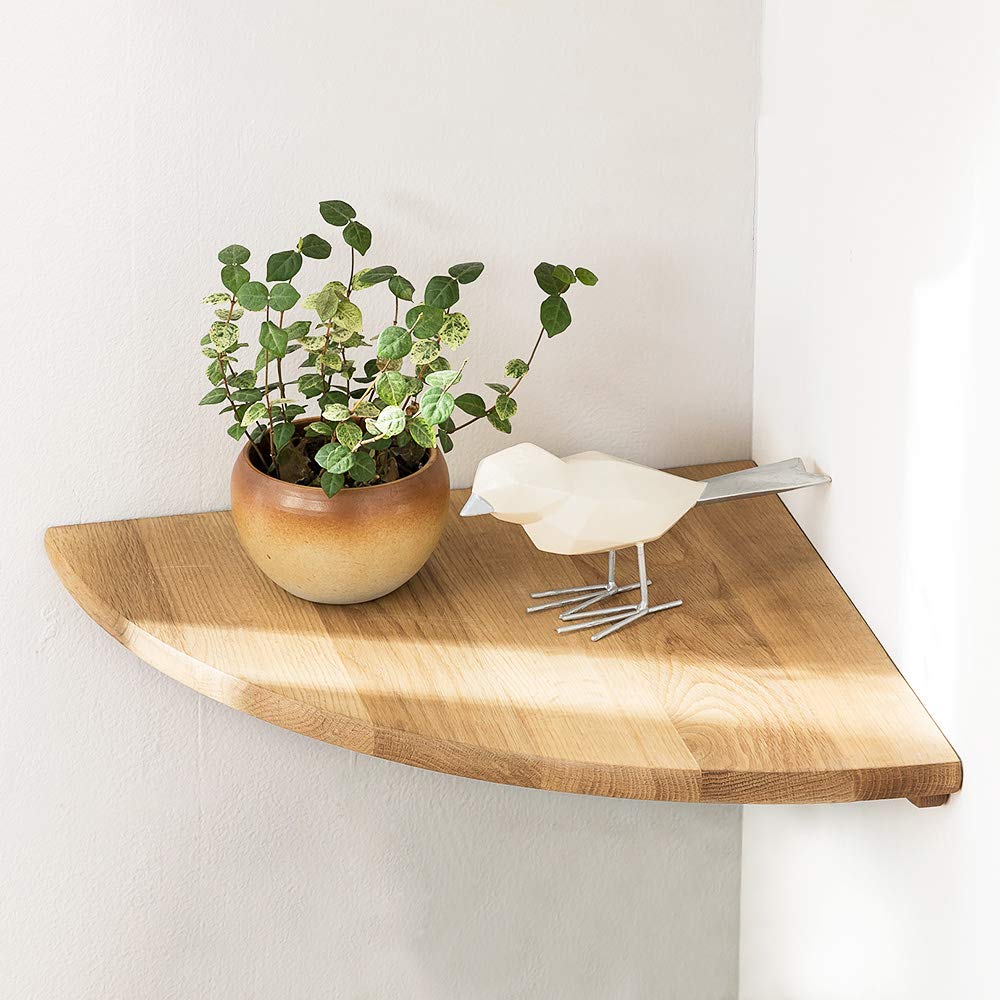 9 Inch Solid Oak Wood Floating Corner Shelf - Wall Mount Round End Shelf with Wire Hole for Small Plants, Photo Frames, Speakers - Perfect for Bedroom, Kitchen & Living Room Decor