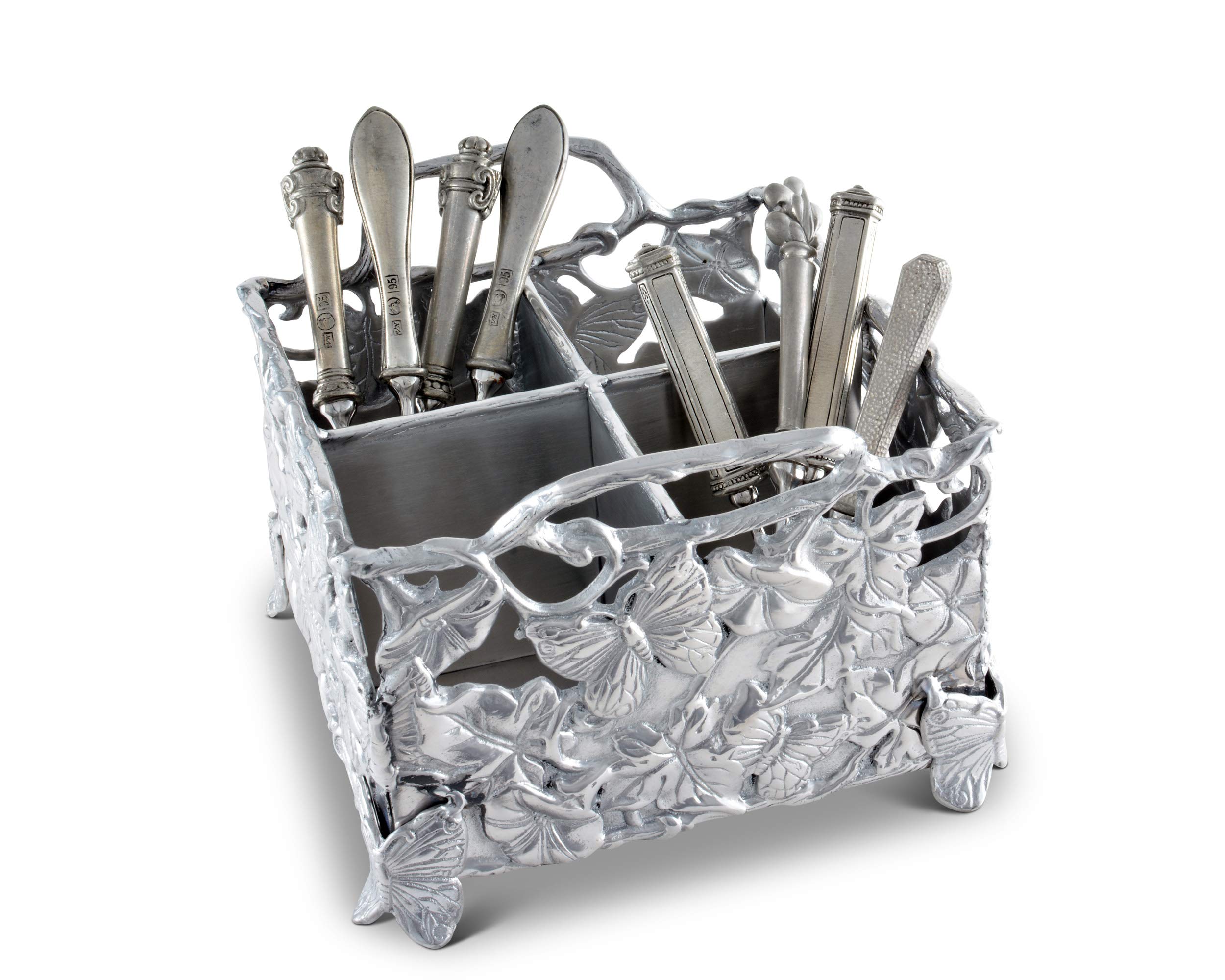 Arthur Court Designs Aluminum Metal Butterfly Silverware Holder - 8 Inch Square, 7 Inch Tall - Perfect for Dining Table, Kitchen Counter, and Party Serving Utensil Organizer