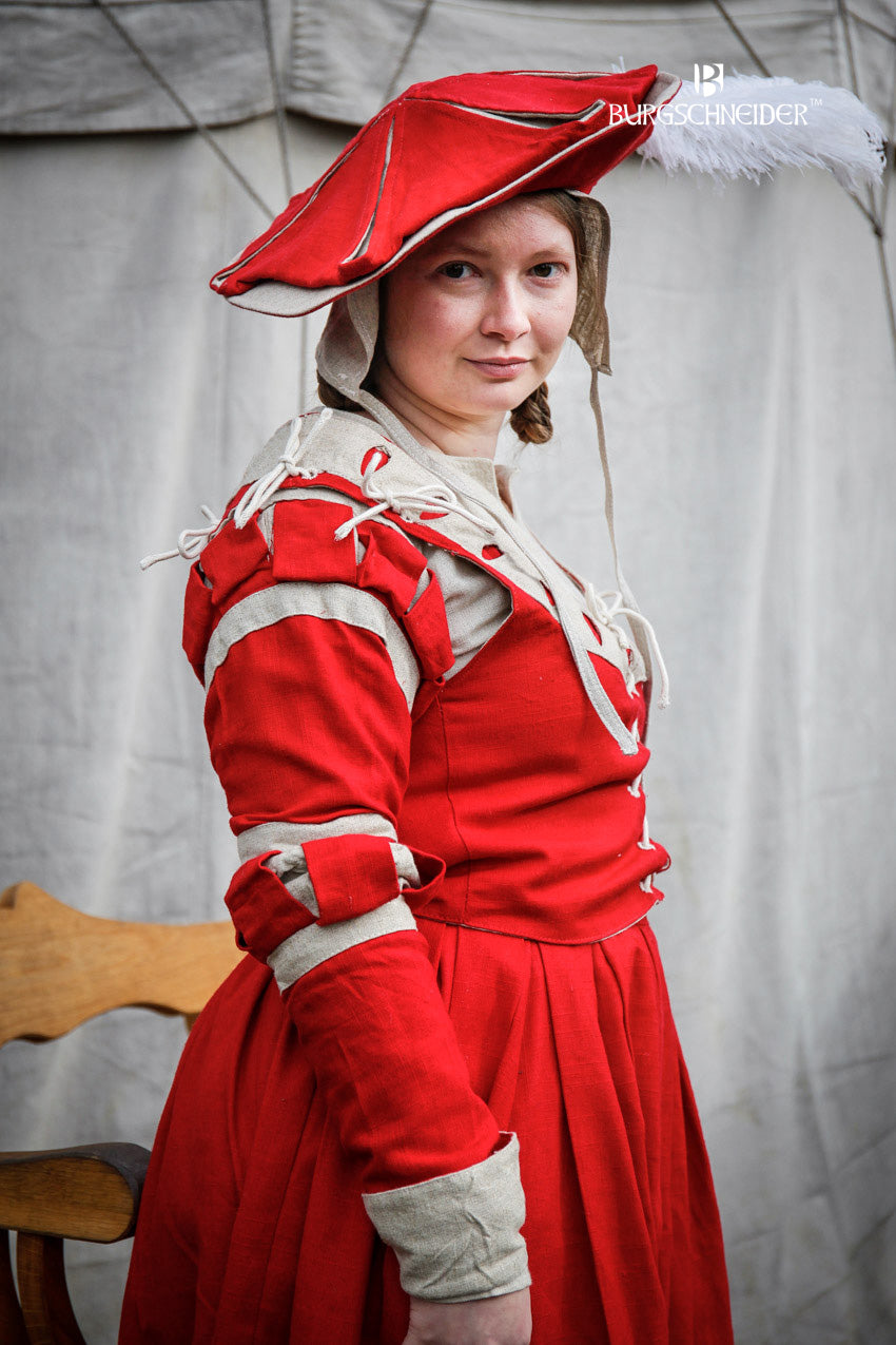 Landsknecht Renaissance Sleeves with Stripes and Floral Design in Red/Natural - Perfect for Historical Reenactments, LARP, and Renaissance Fairs