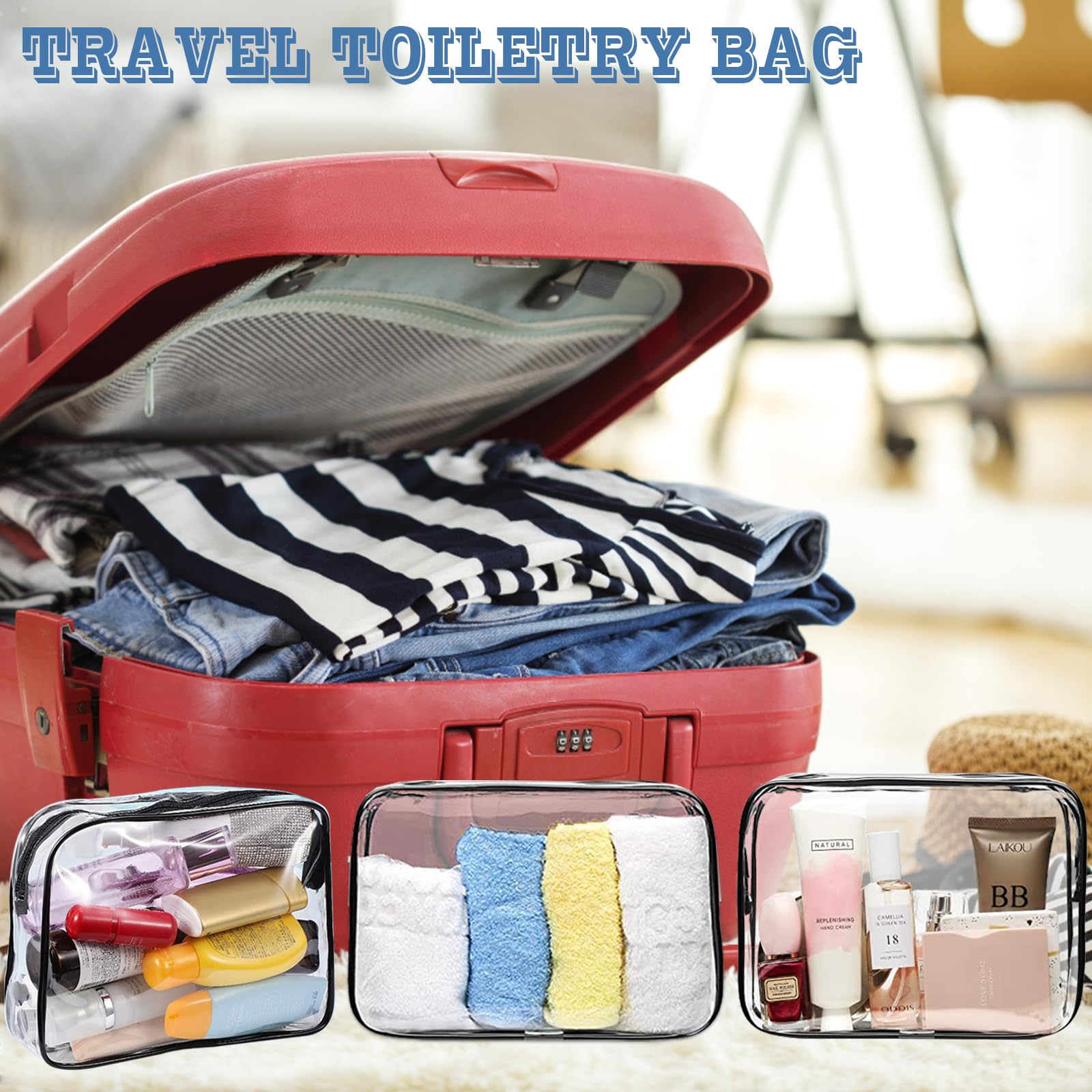 16-Piece Clear Makeup Bags Bulk Set - TSA Approved Waterproof Toiletry Travel Organizer | PVC Zippered Cosmetic Pouches for Men & Women | Perfect for Carry-On Essentials, Air Travel & Daily Organization (Black)