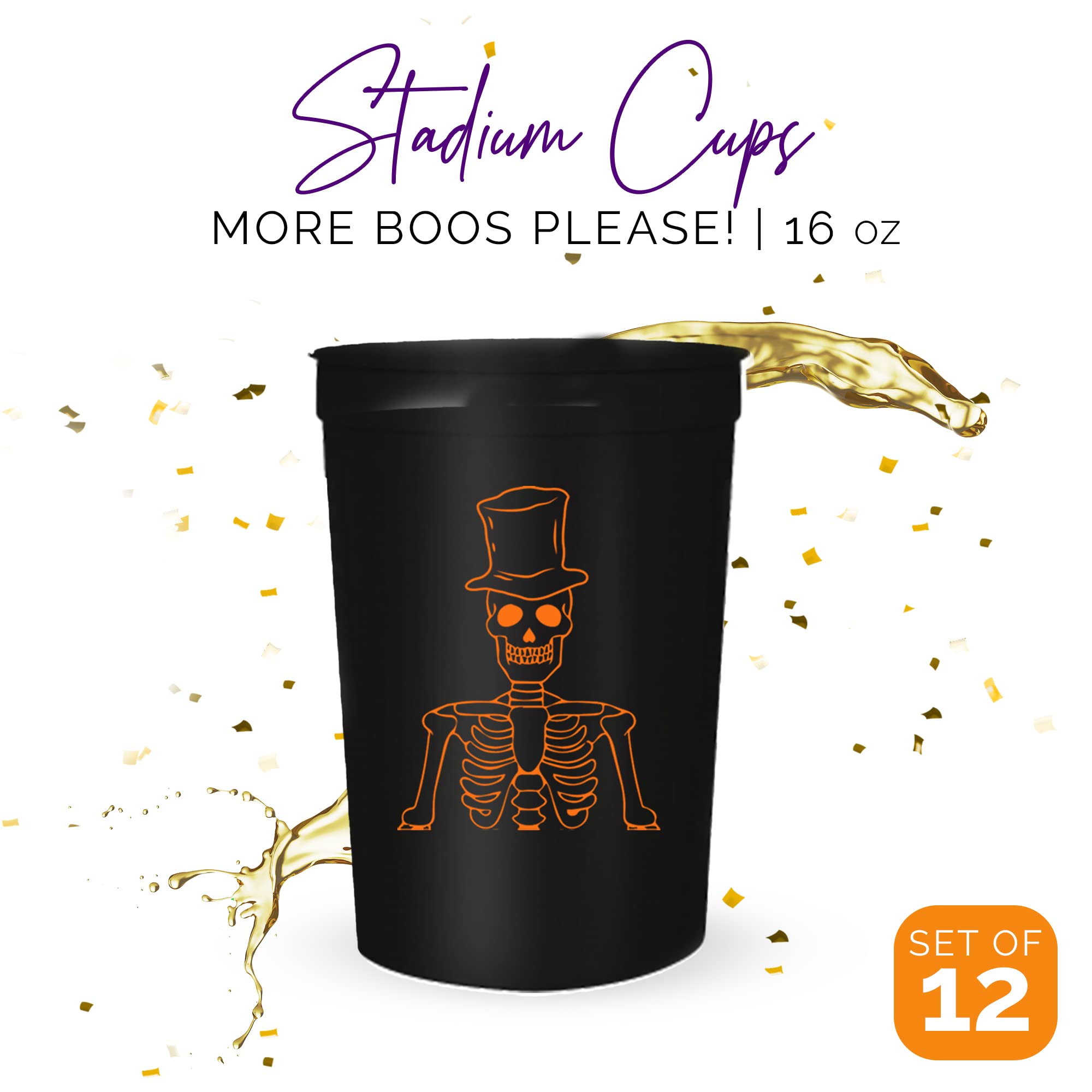 More Boos Please Halloween Party Cups - Set of 12, 16oz Plastic Cups for Adults & Kids, Spooky Halloween Party Favors, Trick or Treat Drinkware for Halloween Decorations & Costume Parties