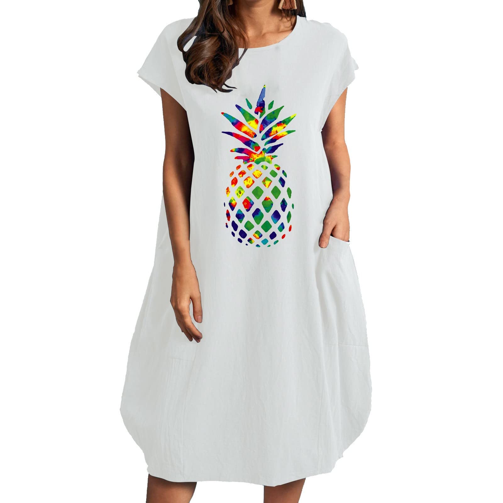 Smileyth Women's Pineapple Print Loose Short Sleeve Summer Dress - Cotton Linen Round Neck Midi Sundress with Pockets (White, Medium) | Beach Vacation, Casual Outing, Summer Party Wear