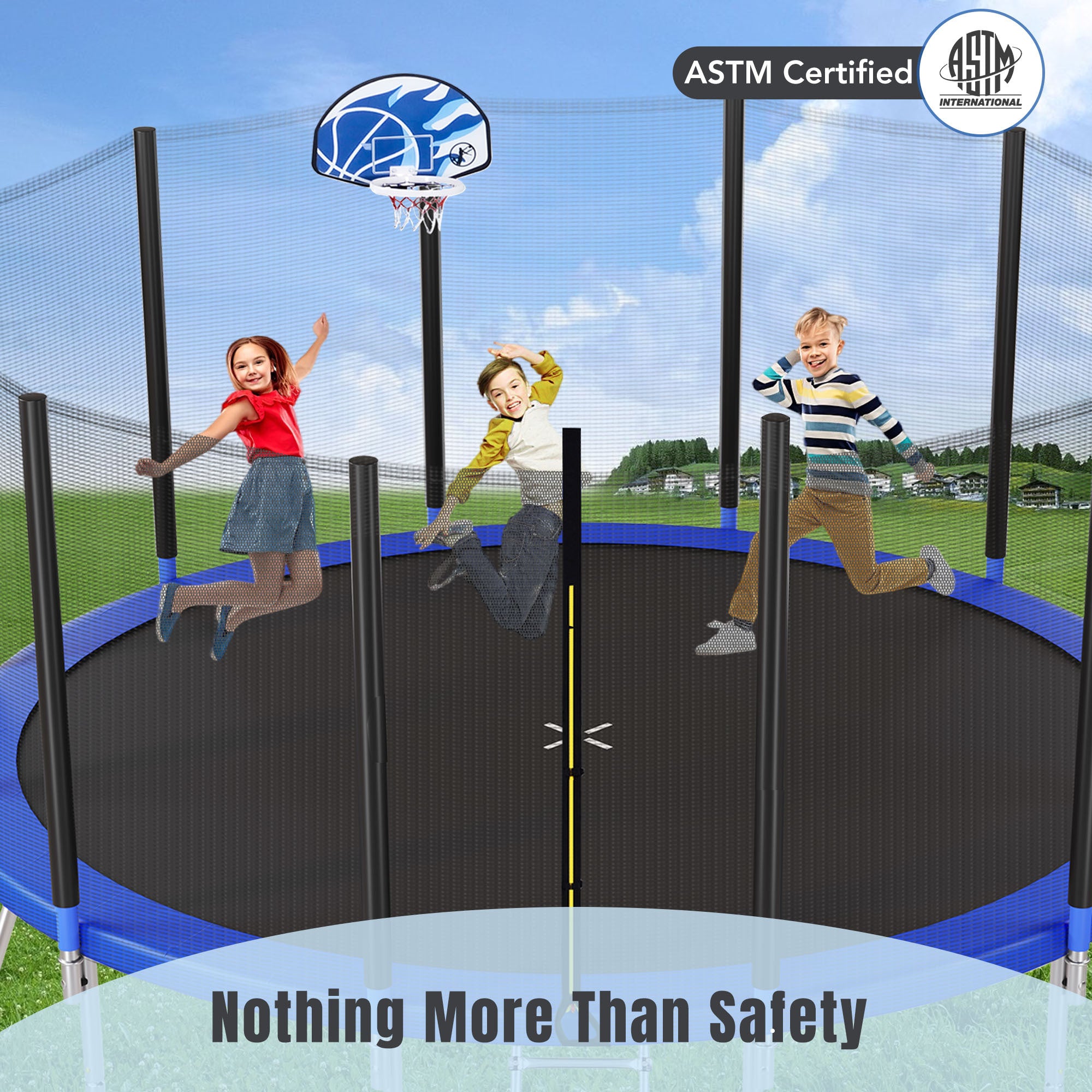 16FT Kids Trampoline with Safety Enclosure Net, Basketball Hoop & Ladder - Easy Assembly Outdoor Round Trampoline for Backyard Fun & Exercise