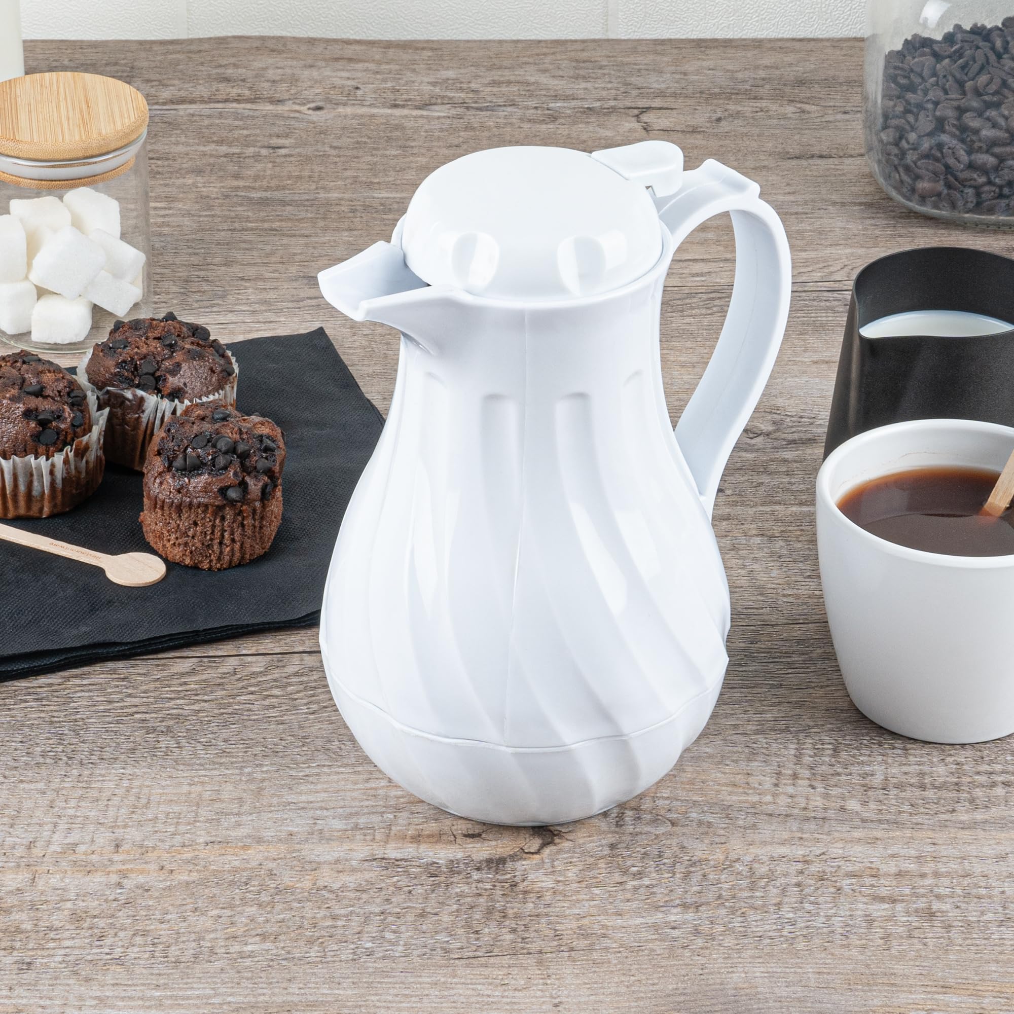 20oz Insulated Coffee Carafes with Push-Button Lid - Set of 10 White Plastic Coffee Servers with Swirl Design & Built-in Handle - Perfect for Restaurants, Cafes & Catering Events