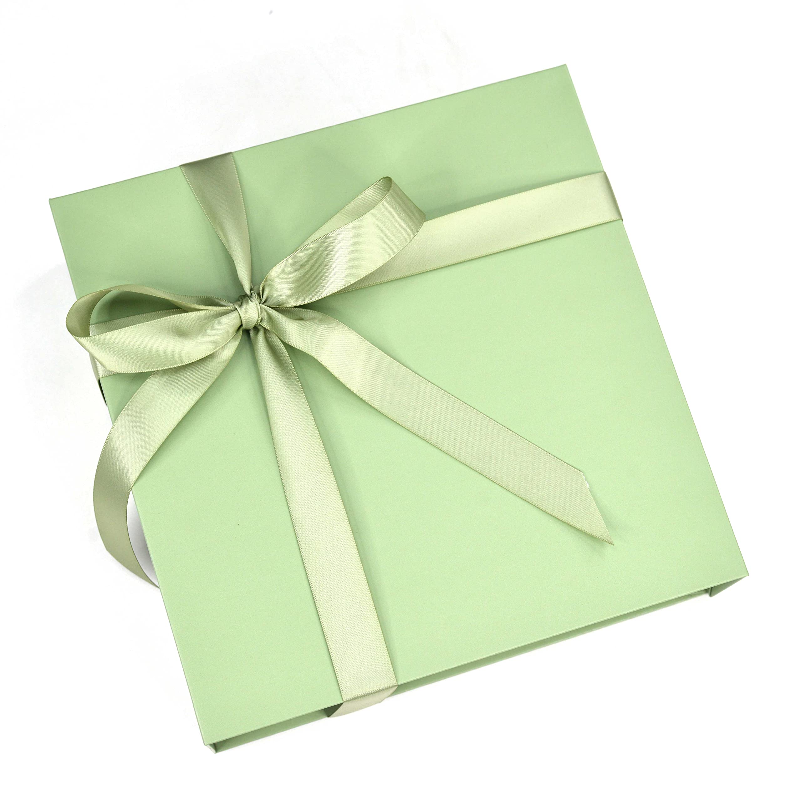 Premium Green Gift Box with Satin Ribbon - 26x26x8cm Reusable Rigid Cardboard Hamper Box for Packaging, Weddings, Birthdays & Corporate Gifting (Includes 2.5m Spring Moss Satin Ribbon) - Eco-Friendly Gift Packaging Solution