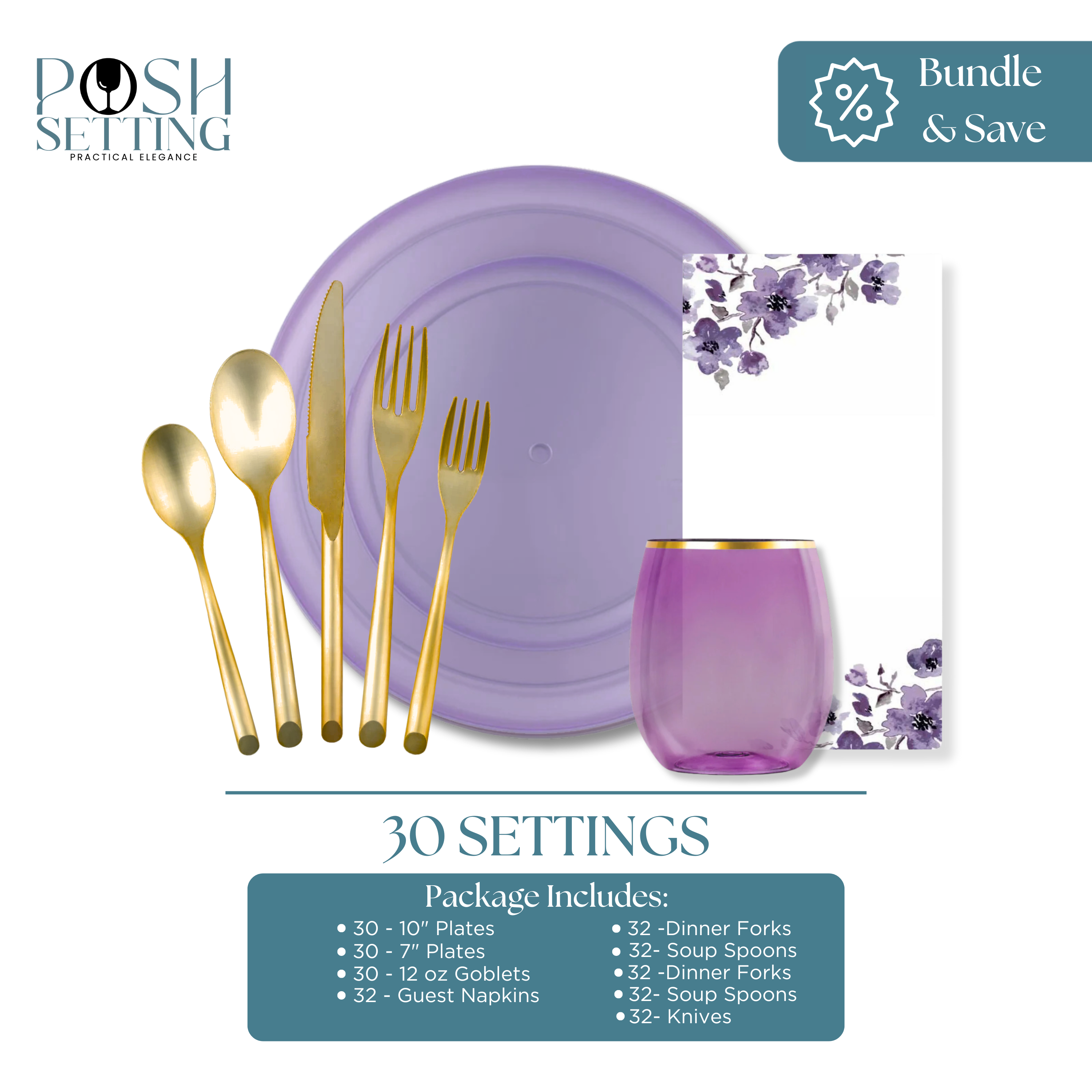 Lavender Disposable Plastic Party Supplies Set - Elegant Disposable Plates, Cups, Cutlery & Tableware for Weddings, Baby Showers & Birthday Parties - Perfect for Outdoor Events & Special Occasions