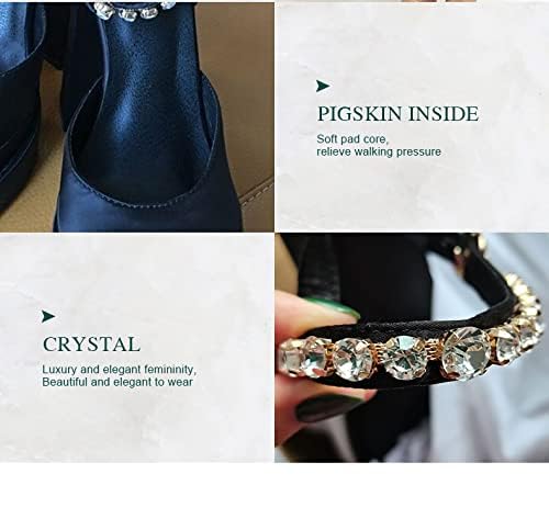 Women's Chunky Heel Platform Pumps - Square Toe Rhinestone Ankle Strap Satin Dress Shoes for Party, Wedding & Evening Events
