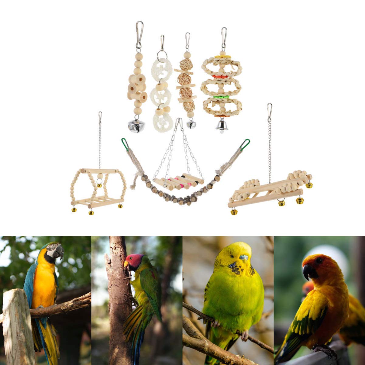Balacoo 8pcs Wooden Bird Toy Set - Hanging Swing, Chewing Toys & Play Stand for Parrots | Durable Parrot Bite Toys & Perch Rod for Cage Enrichment | Perfect for Small & Medium Birds Like Cockatiels, Lovebirds & Conures