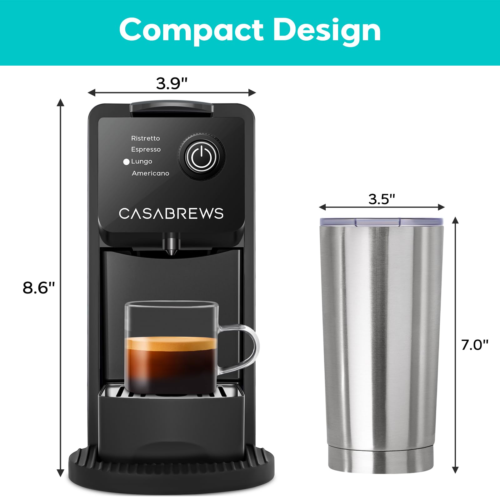 CASABREWS Mini Espresso Machine for Nespresso Original Pods - 20 Bar Pressure, 4 Brewing Modes, 21oz Removable Water Tank - Compact Capsule Coffee Maker for Home, Office, Dorm or RV - Perfect for Espresso, Lungo & Americano Coffee - Black