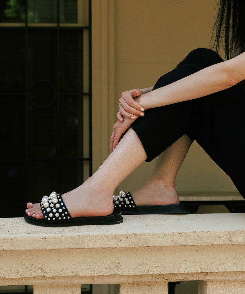 GABBI PEARL SANDALS - Women's Black Pearl Embellished Flip Flops | Comfortable Beach Sandals for Summer, Vacation & Casual Outings