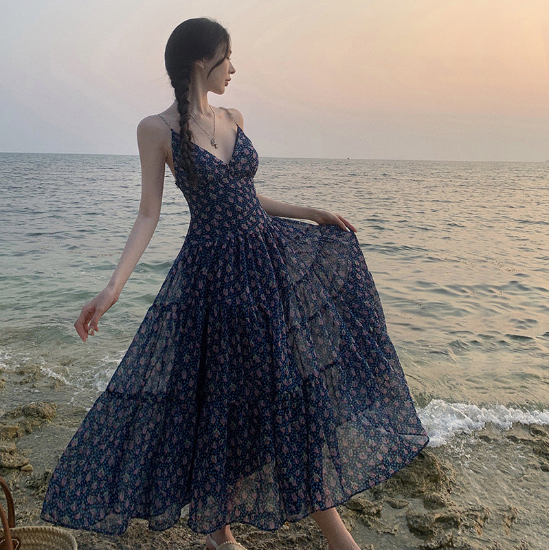 Blue Floral Summer Dress for Women - Spaghetti Strap V-Neck Long Skirt | Beach Holiday, Party & Vacation Outfit