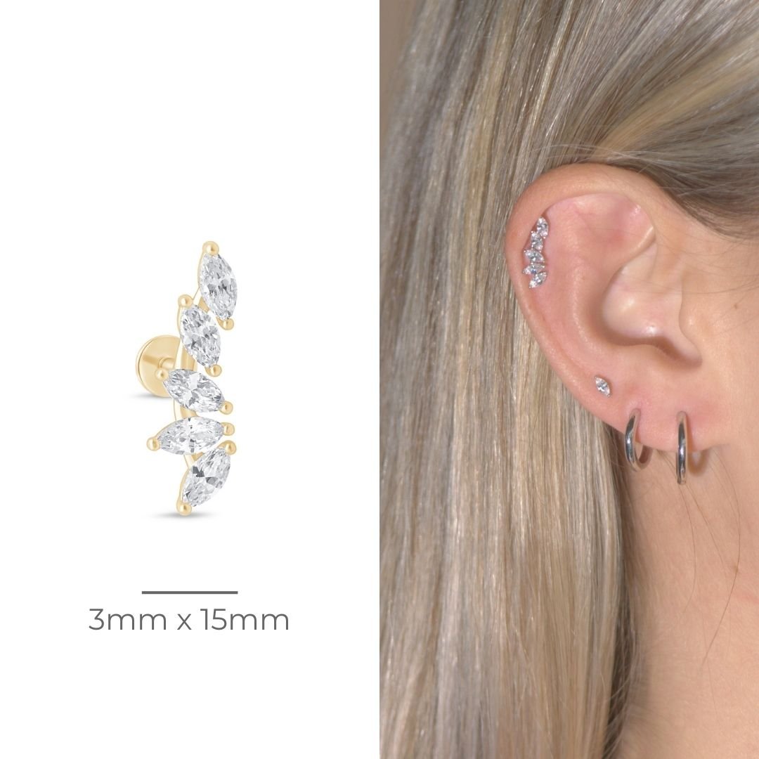 14k Yellow Gold Marquise Illusion Ear Climber Flat Back Stud Earrings - Elegant Cartilage Hoop Earrings for Women, Perfect for Parties, Weddings & Everyday Wear