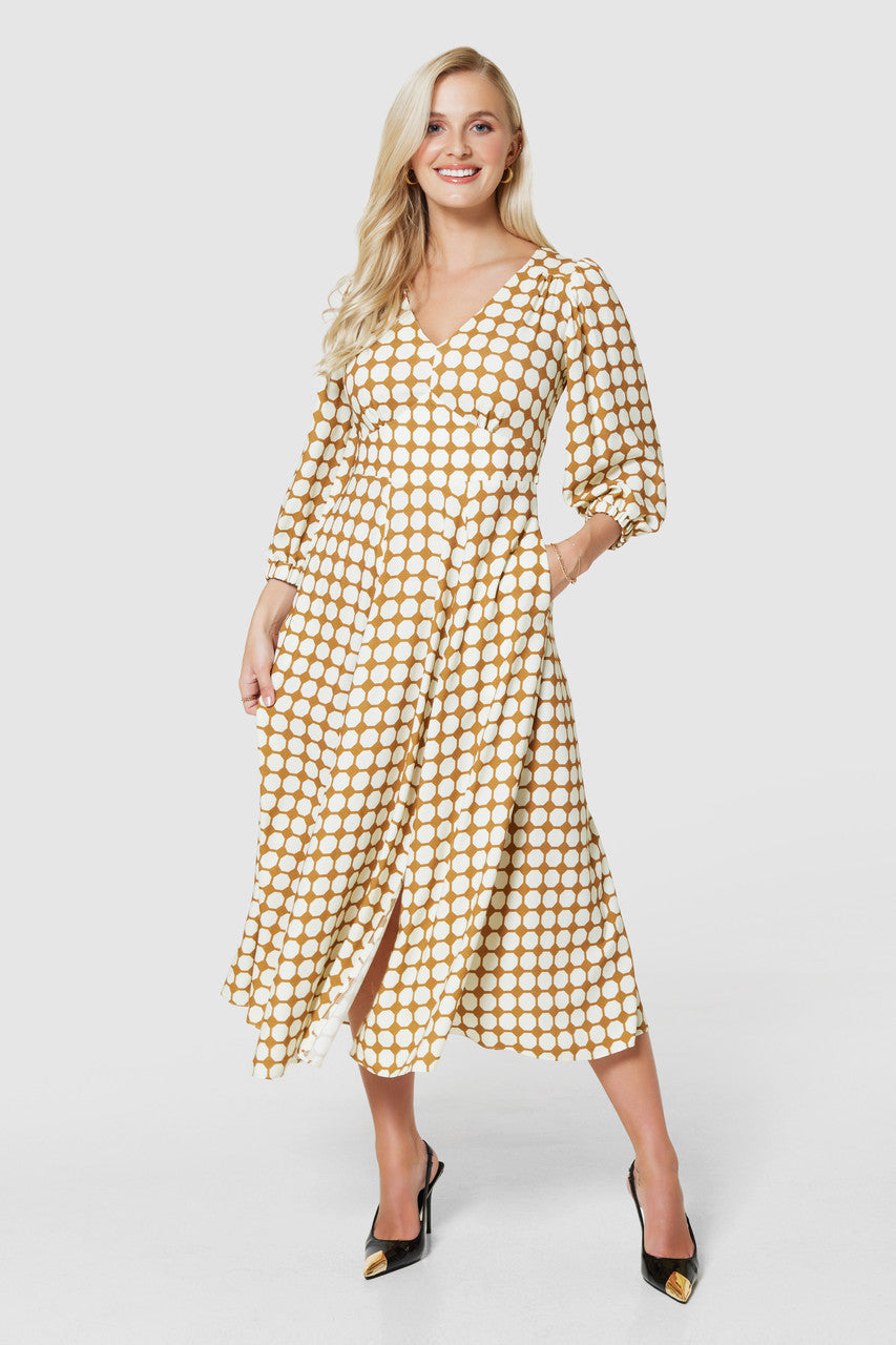 Bonnie Women's Full Skirt Wrap Dress - Elegant Brown Flowy Midi Dress for Casual Wear, Office & Special Occasions