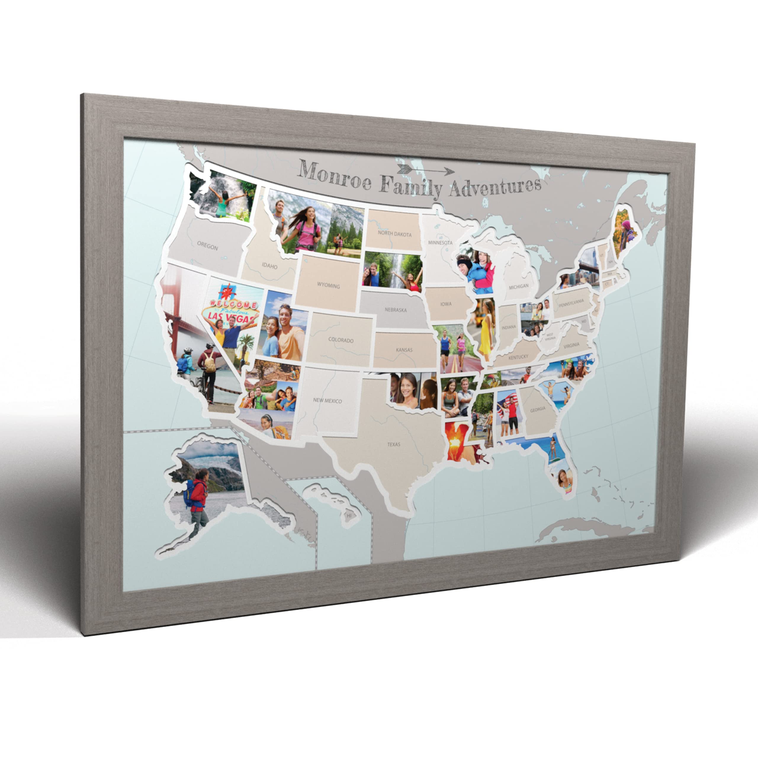 Personalized 50 States USA Photo Map - Custom American Made Wall Art - Printed Map with Optional Grey Frame - Perfect for Home Decor, Office Gifts & Travel Memories
