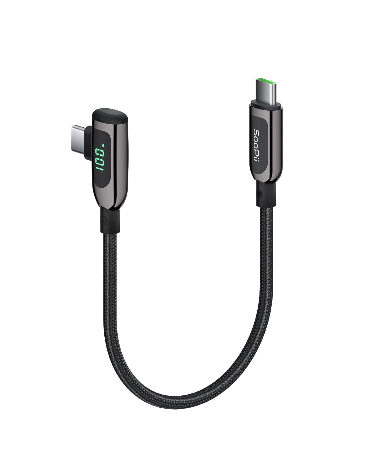SooPii 100W USB C to USB C Right Angle Cable 1FT - Zinc Alloy Braided Fast Charging Type-C Cable with LED Display for iPhone 15, iPad Air/Pro, MacBook Pro, Galaxy S24/S23/S22/S10, Pixel, LG - Perfect for Travel, Office & Home Charging (0.3m, Black)