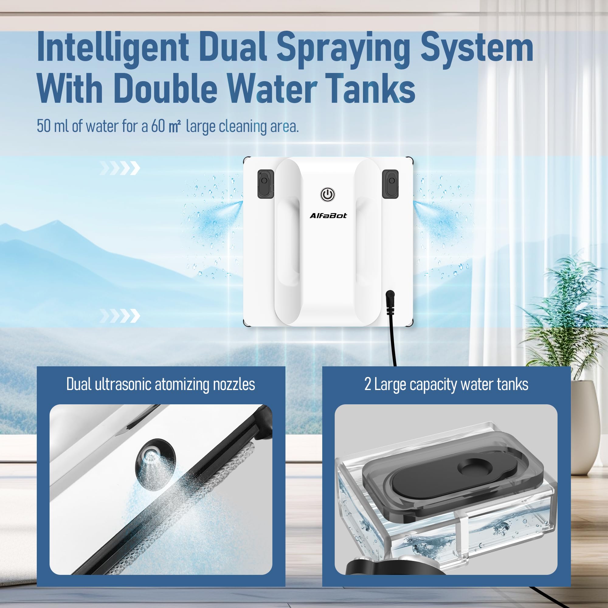 AlfaBot Smart Window Cleaning Robot - 4000PA High Suction, Dual Water Spray System, Anti-Fall & Edge Detection - Ideal for High-Rise Windows, Glass Tiles & Large Glass Surfaces - Perfect for Home, Office & Commercial Window Cleaning