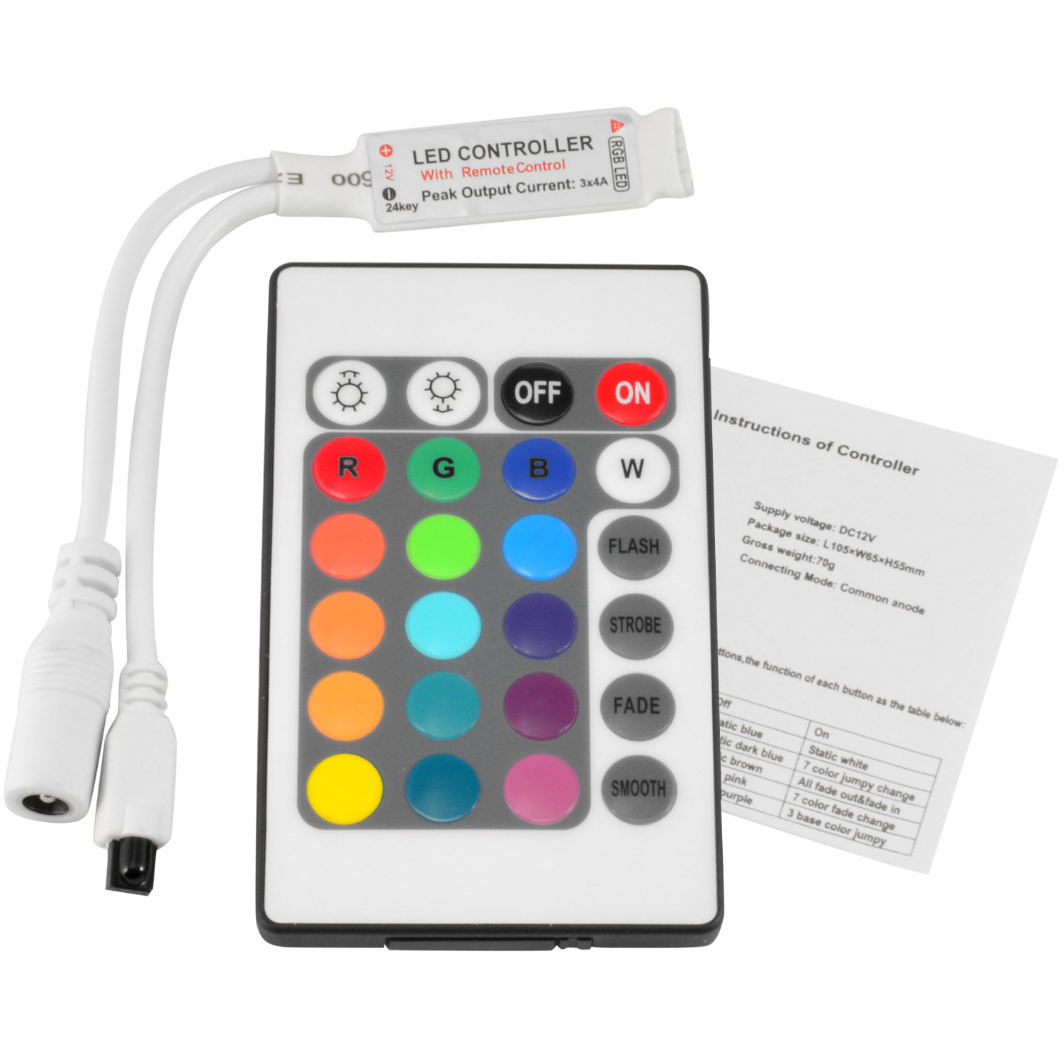 24-Key Remote Inline IR Controller for 12V RGB LED Strip Lights (5-Pack) - Perfect for Home Decoration, Bedroom Lighting, and DIY Projects