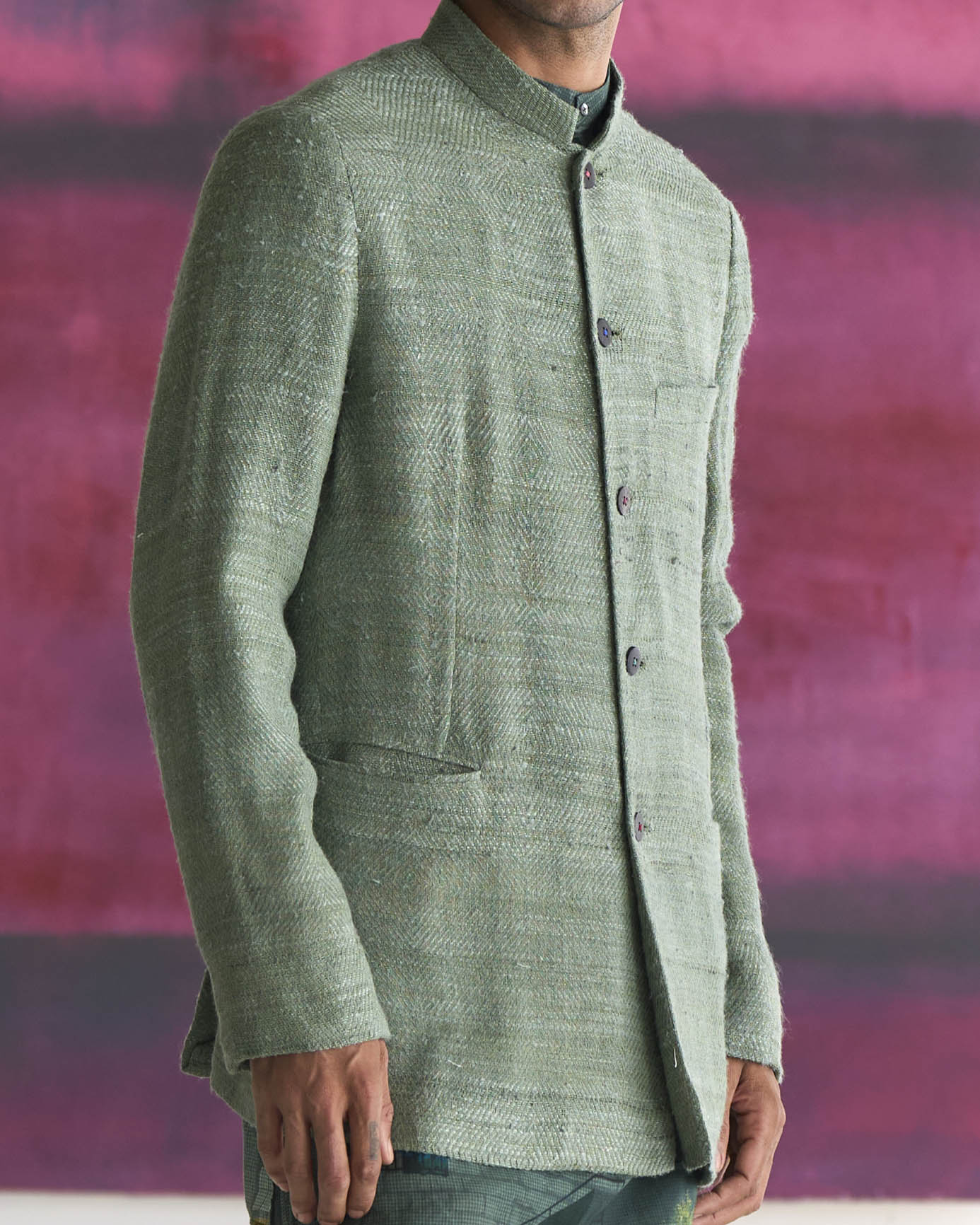 Premium Eri Silk Bandhgala Jacket for Men - Elegant Sage Green Indian Wedding Attire & Formal Occasions