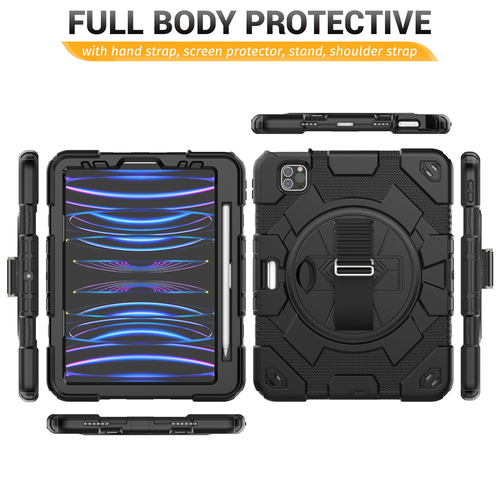 HXCASEAC Protective Case for iPad Pro 11 Inch (1st/2nd/3rd/4th Gen) - Shockproof Kids Cover with Built-in Screen Protector, Apple Pencil Holder & Adjustable Hand/Shoulder Strap - Compatible with iPad Pro 11 2018/2020/2021/2022 Models (Black) | Perfect for School, Travel & Outdoor Activities